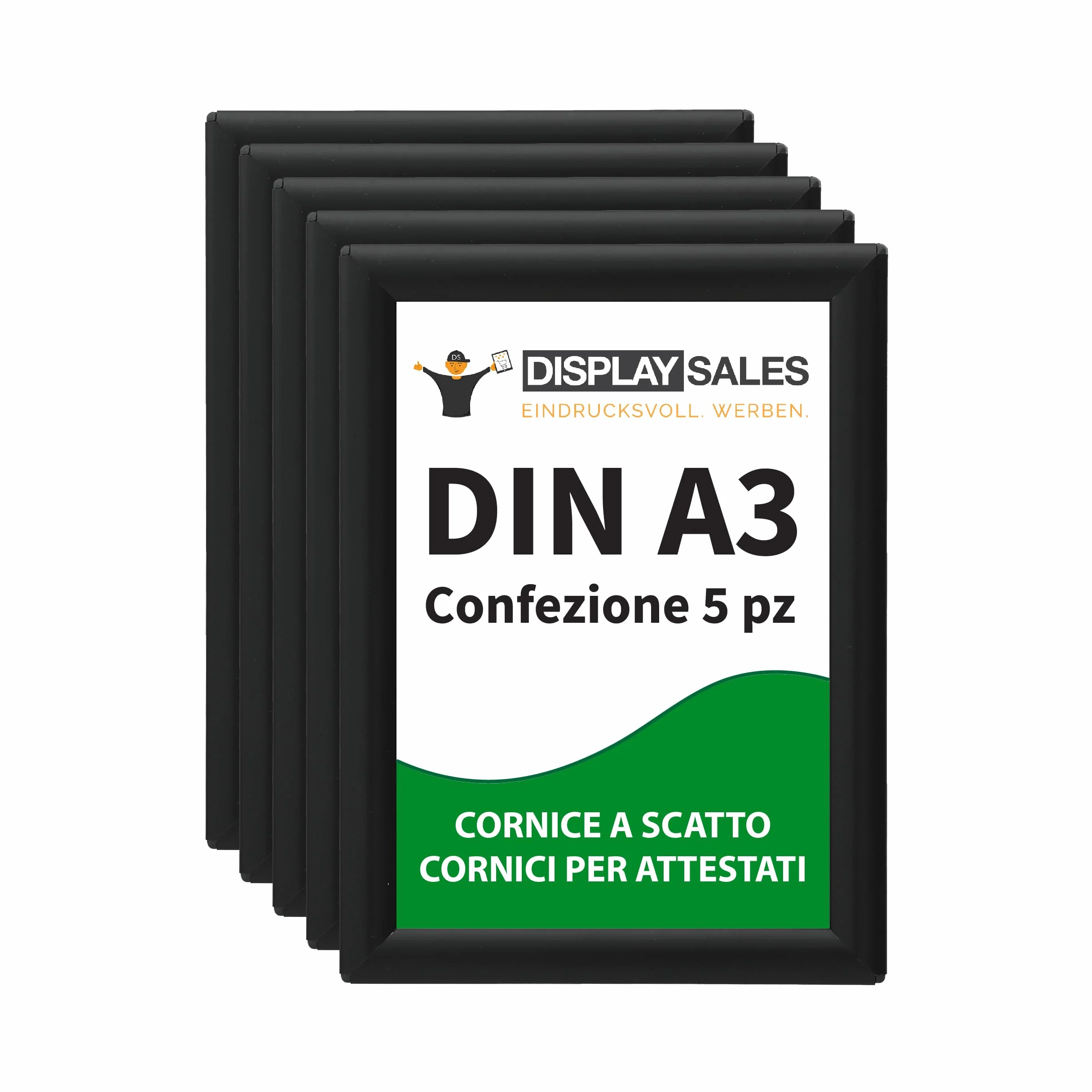 Set 5 Cornici a Scatto A3 Nere | Profilo 25 mm in Alluminio con Apertura Rapida | Porta Poster, Certificati e Avvisi | Cornici Professionali da Parete per Uffici, Negozi ed Eventi