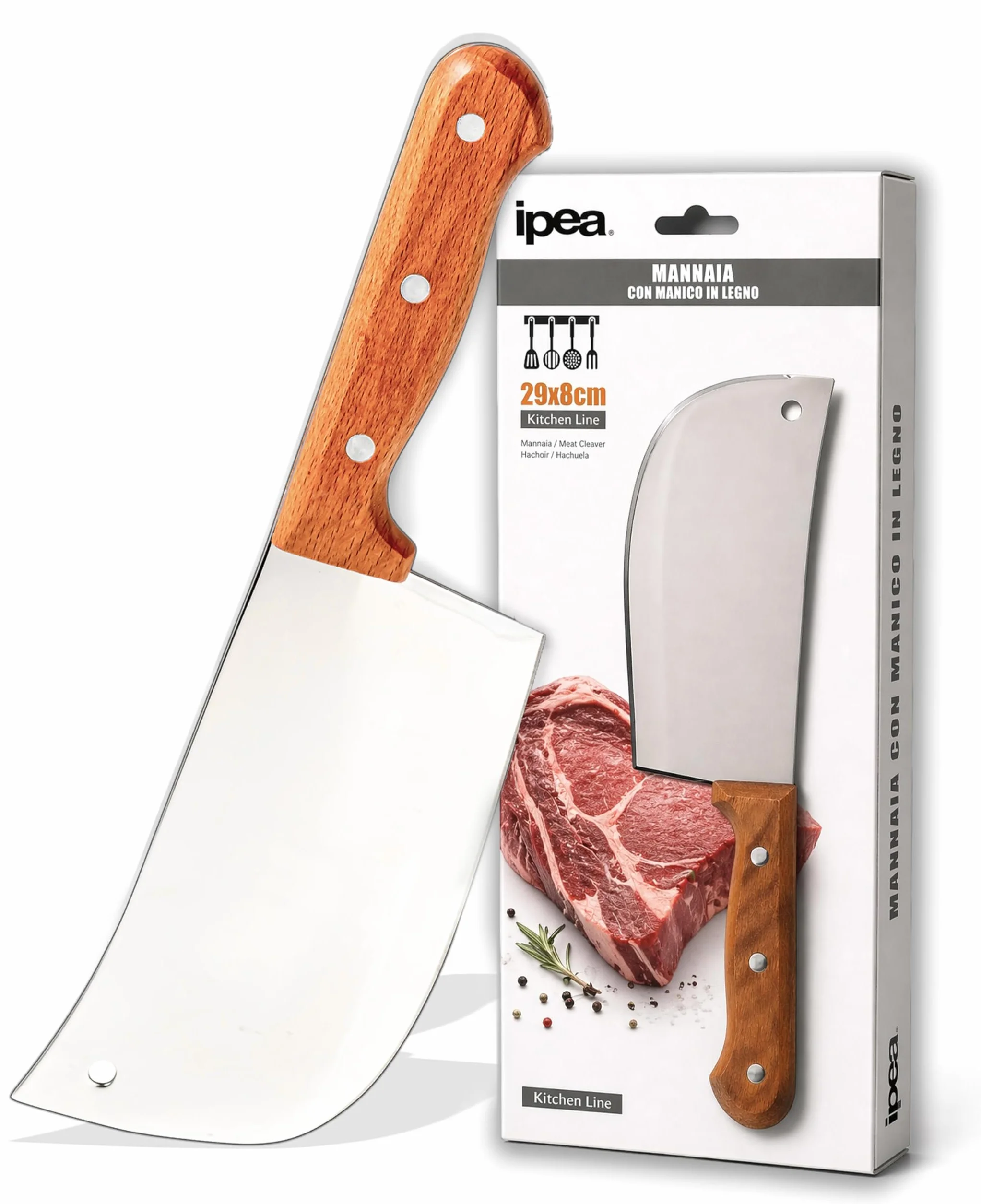 IPEA Mannaia da Cucina 29 cm - Coltello da Chef Professionale con Lama Affilata in Acciaio Inox per Tagliare Carne ed Alimenti - Impugnatura Ergonomica in Legno per Cuoco o Macellaio