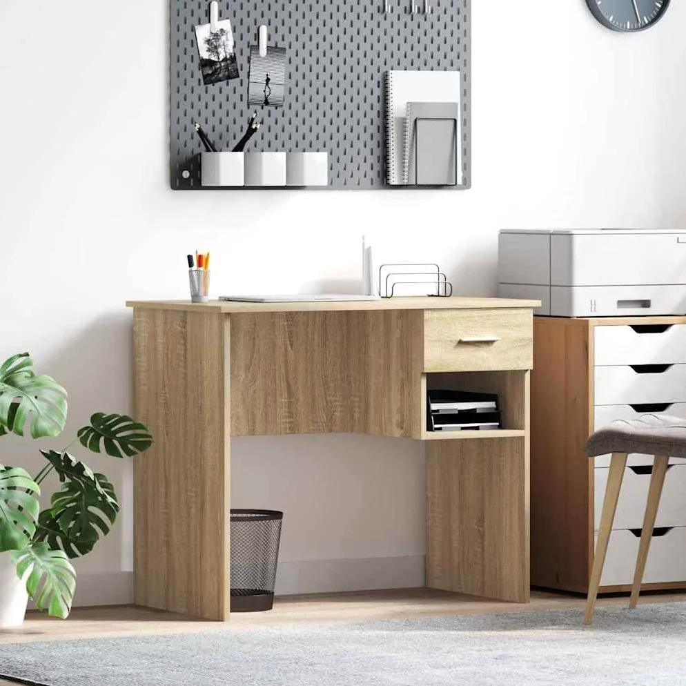Scrivania Sonoma Rovere 90 x 49 x 75 cm con cassetto e scaffale, design moderno, struttura in legno resistente per ufficio, casa, gioco e camera da letto