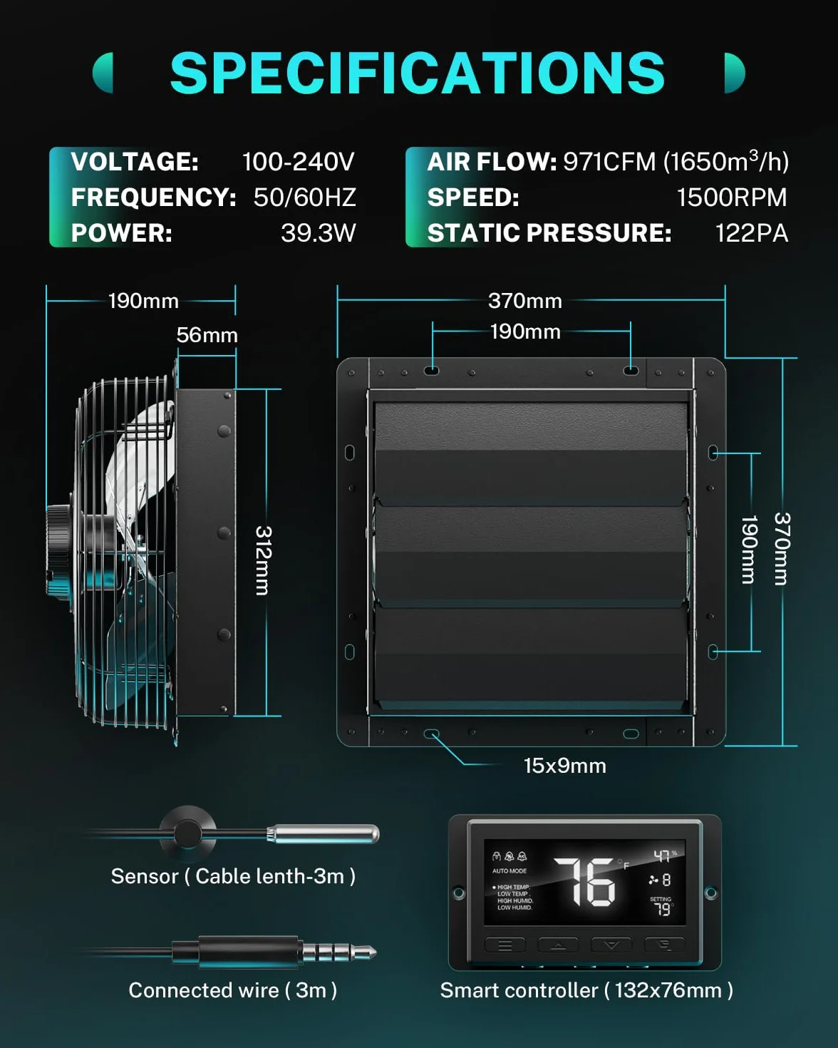 HG Power Ventilatore di scarico da 300 mm con controllo della temperatura e dell'umidità, intelligente industriale da parete, 1650 m³/h, per cantina, garage, cucina, serre