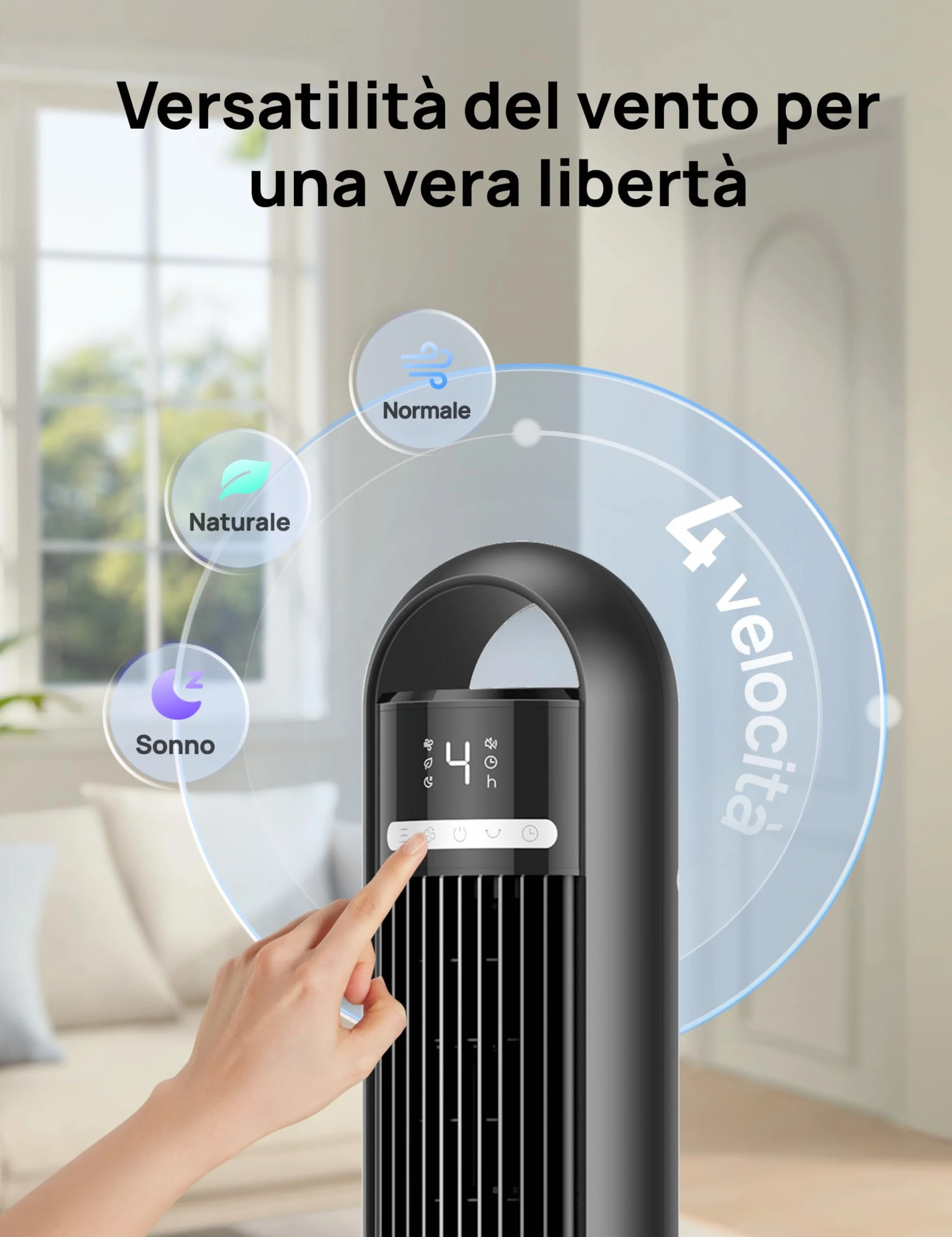 DREO Ventilatore a torre silenzioso da 23 dB, distanza di lancio, 9.8 m, ventilatore con 4 livelli di velocità, 3 modalità, timer da 8 ore, oscillante a 90°, ventilatore a colonna per camera da letto