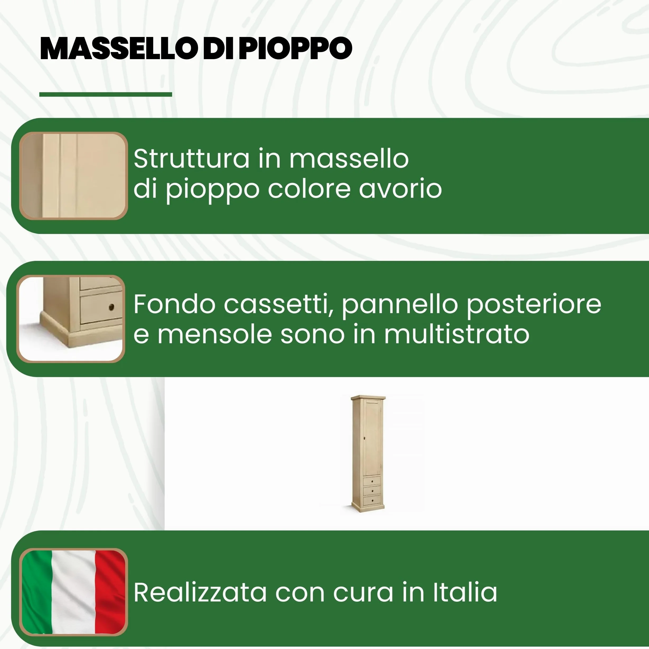 Mar.c.a. Design - Vetrinetta Arte Povera in Legno 45x41x187 cm - 1 Anta 3 Cassetti con Base Piatta - Made in Italy
