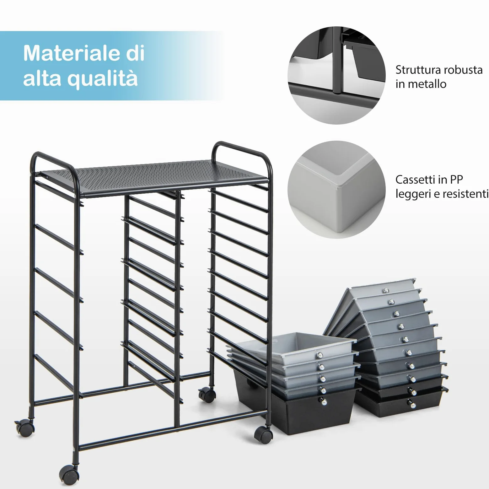 COSTWAY Carrello con 15 Cassetti Impilabili, Carrello di Stoccaggio con Ruote, Carello Portaoggetti per Casa e Ufficio, 63 x 37 x 87 cm (Nero 2)