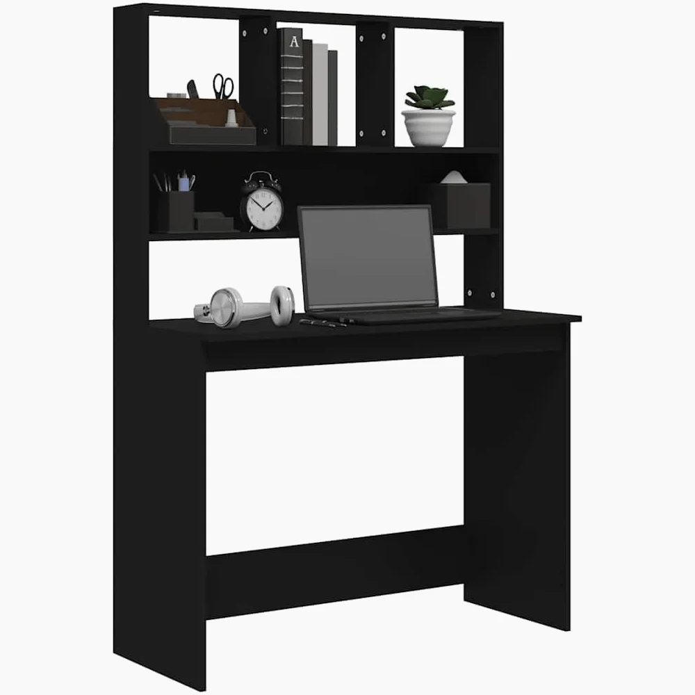 Scrivania con mensola nera, 102 x 45 x 148 cm, in legno, da ufficio, con vano portaoggetti e spazio per raccoglitori e documenti
