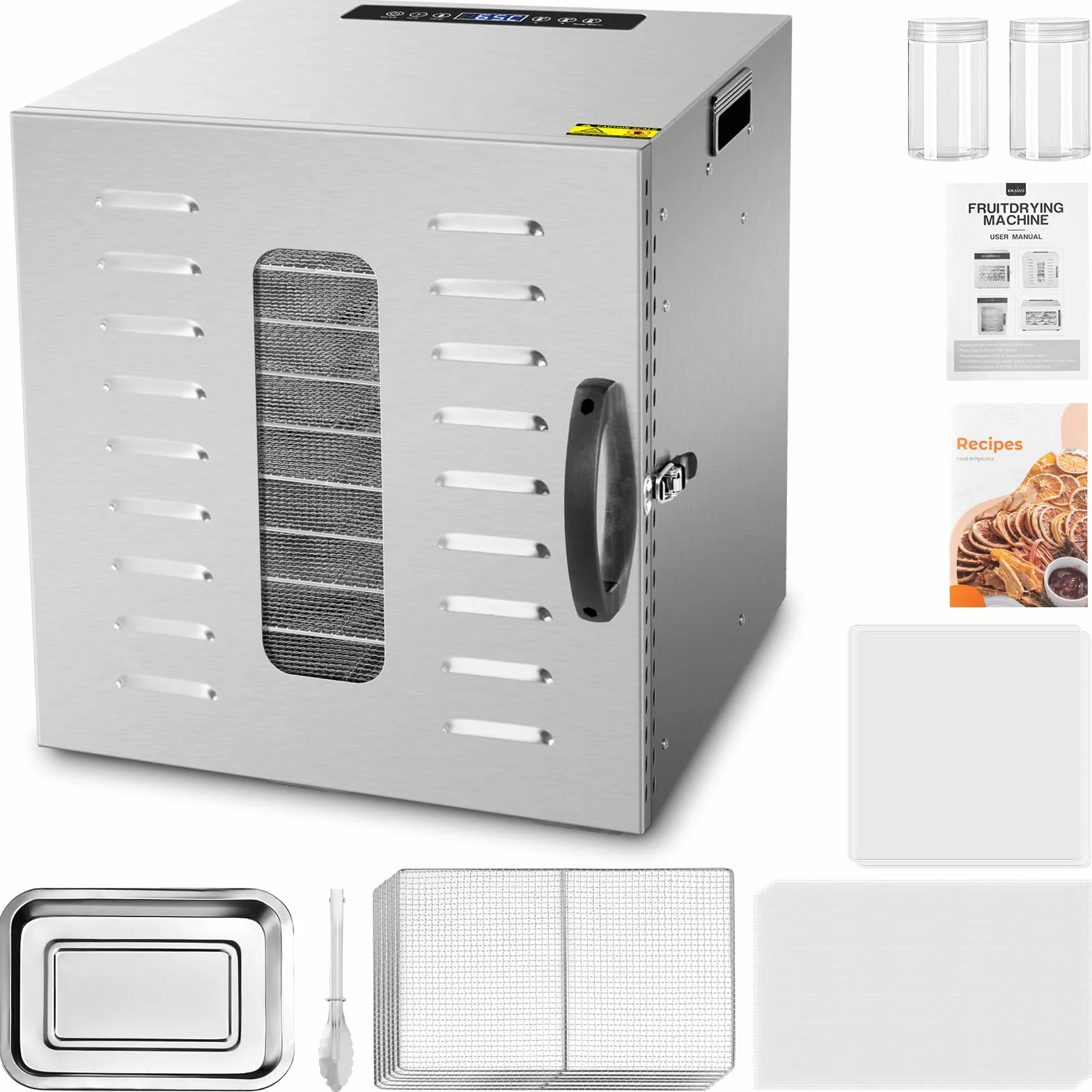 Kwasyo Essiccatore Alimentare in Acciaio Inox DA 1000, superficie di essiccazione XXL 1,8 m², temperatura regolabile 30-90℃, display LED, 24 ore, senza BPA, con ricettario, 10 vassoi in acciaio inox
