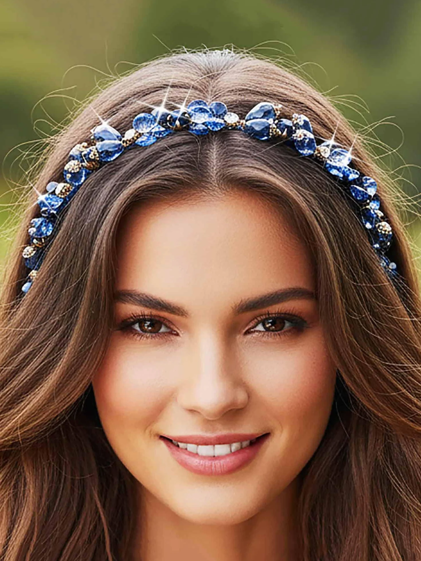 Fascia per Capelli Cristallo Blu Brillante Strass Vintage Festa Ballo Donne