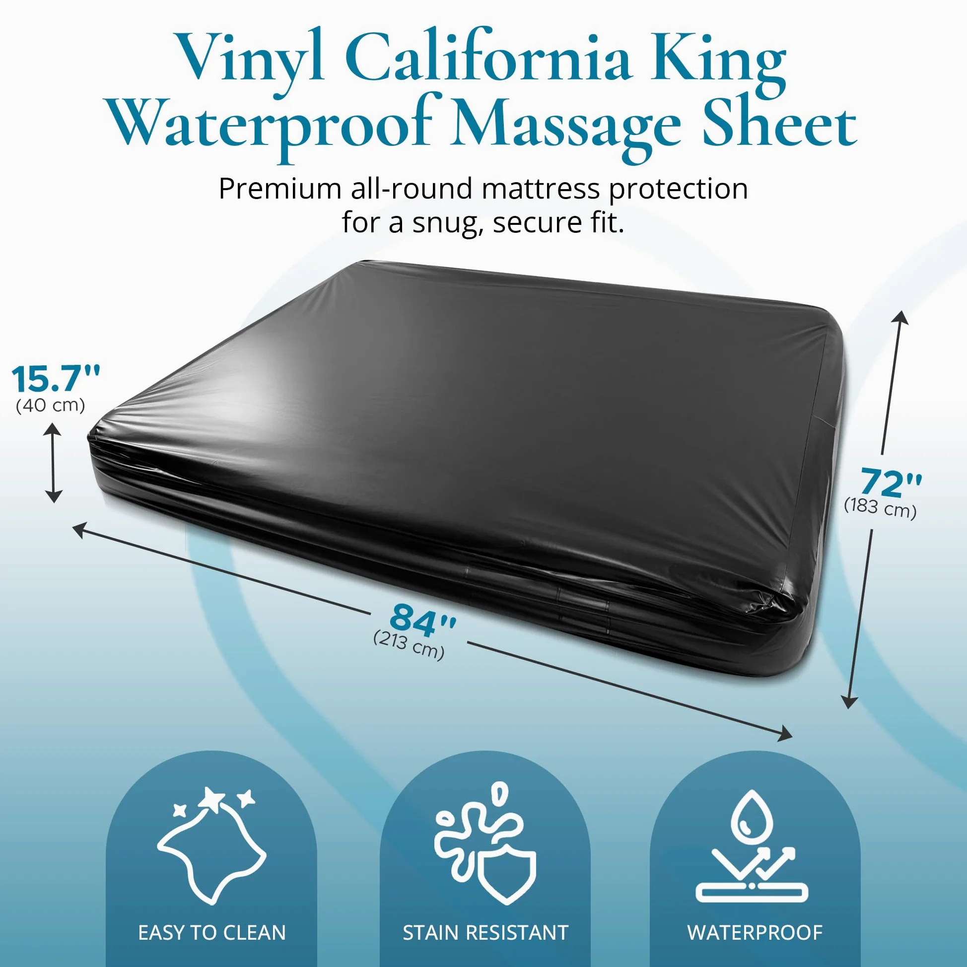 Lenzuolo per massaggi impermeabile California King in vinile nero con tasca laterale, lenzuolo con angoli, 182 x 213 cm + 39 cm, coprimaterasso impermeabile, copriletto per massaggio Nuru, a base di