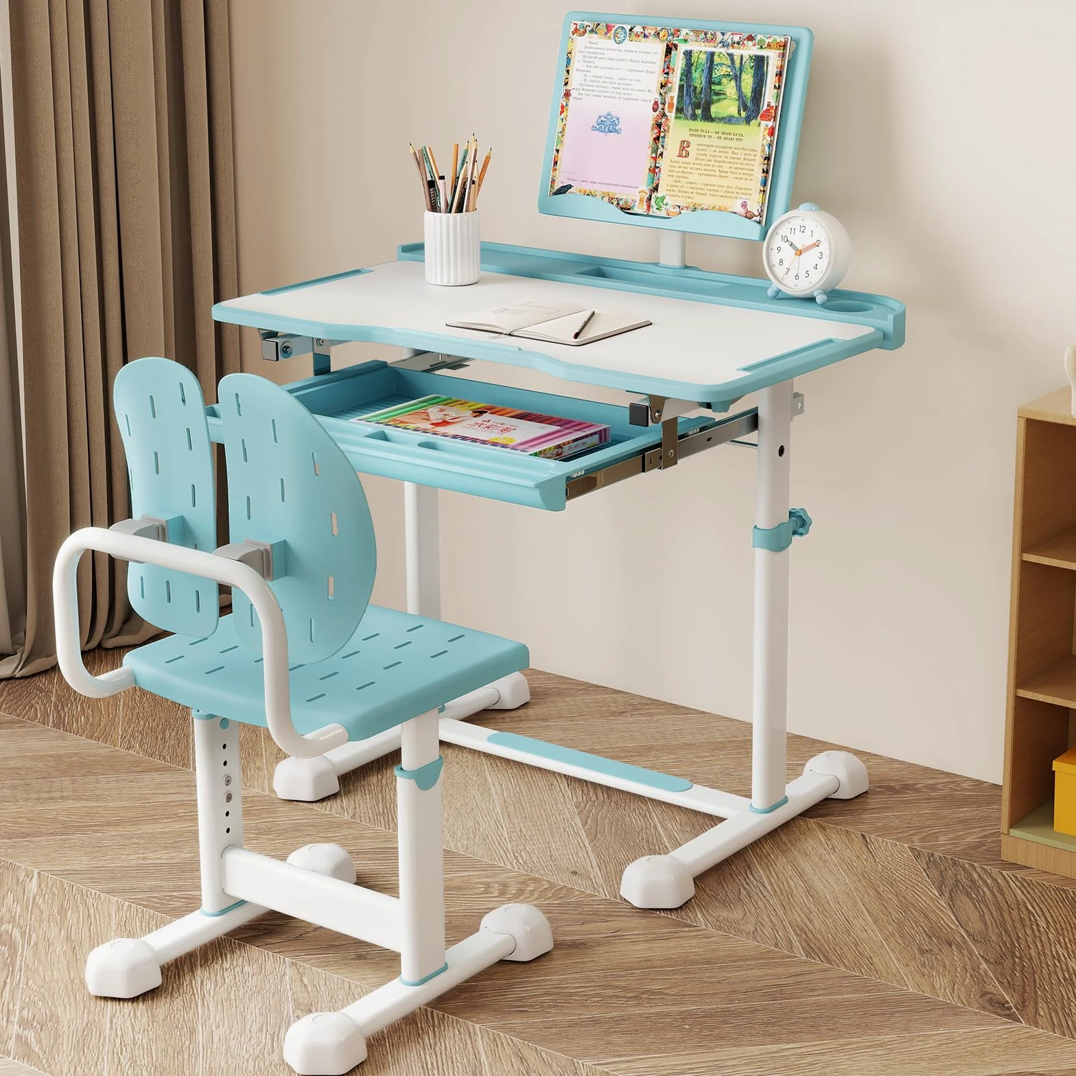 RELAX4LIFE Scrivania per Bambini con Sedia, Set Tavolo da Studio con Piano Inclinabile, Altezza Regolabile, Supporto per Libri, Portabicchieri, Cassetto Estraibile, Sedia Ergonomica (Blu)
