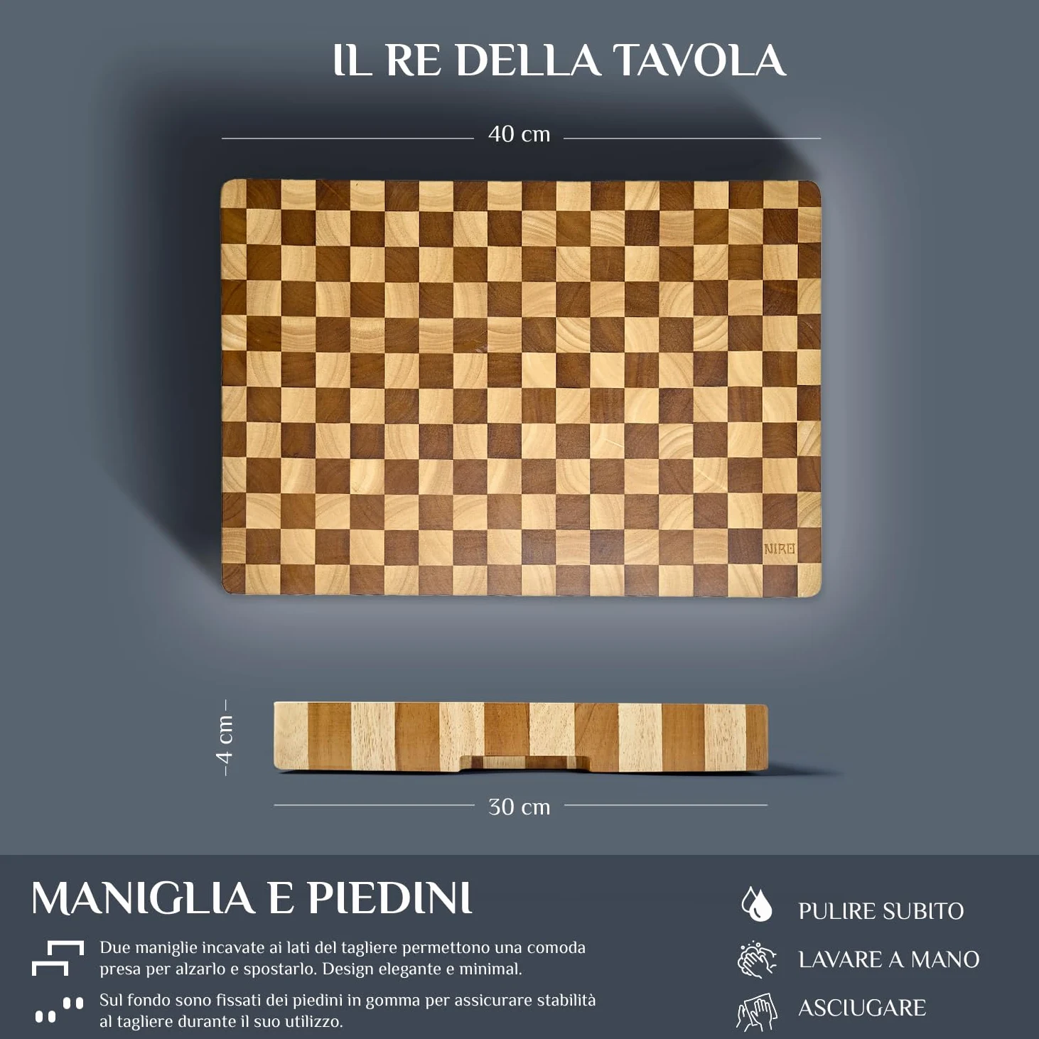NIRO Tagliere da Cucina Professionale XXL, SPESSORE 4 CM in Legno 100% Pará Naturale Rubberwood, Dimensioni 40 x 30 x 4 cm, Atossico, Legno Massello Pregiato, Vassoio da Portata, Design Unico