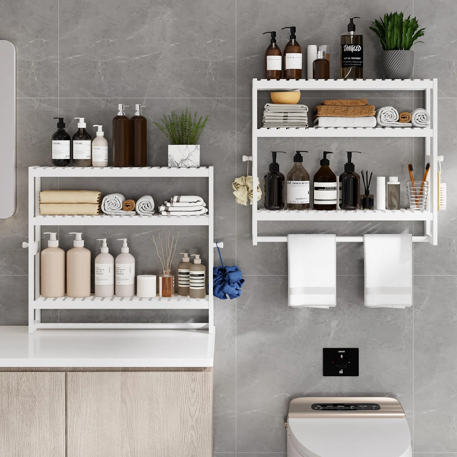 Mensola portaoggetti da bagno 50x53,2x15 cm 3 livelli regolabili bambù bianco con asta appendiabiti