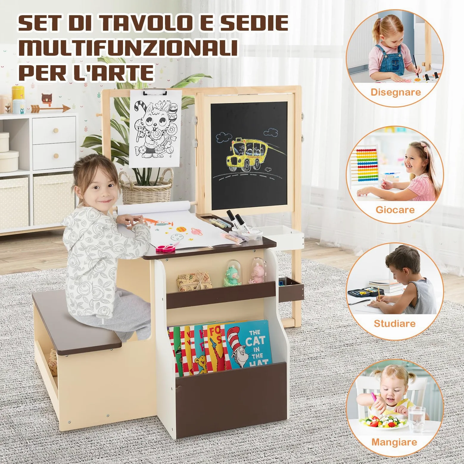 COSTWAY Set 3 in 1 Tavolo e Sedie per Bambini 3+ Anni, Tavolo in Legno Sicuro con Lavagna Cancellabile, Magnetica, Cavalletto Regolabile, Libreria e Accessori Artistici, per Disegno (Caffè)