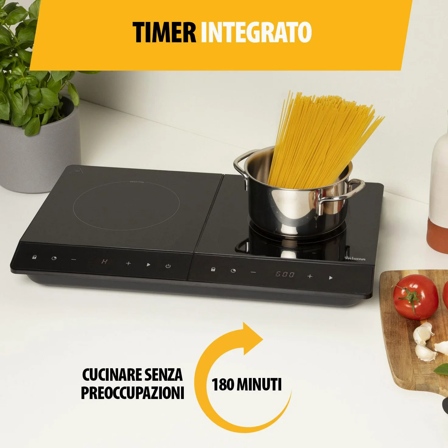 Tristar Fornello a induzione indipendente doppio, nuovo, ⌀19 e ⌀16 cm, 10 livelli di potenza, 3500 W, efficienza energetica, timer integrato, con protezione da surriscaldamento, IK-6162