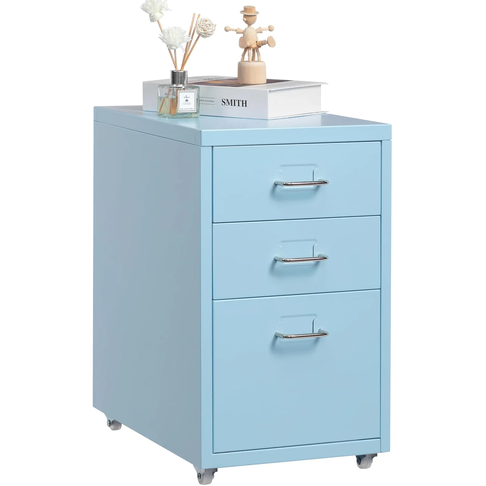 HollyHOME Schedario Mobile a 3 Cassetti, Organizzatore Portadocumenti Sotto Scrivania su Rotelle, Armadietto Portadocumenti in Metallo con Rotelle per Casa e Ufficio, Azzurro