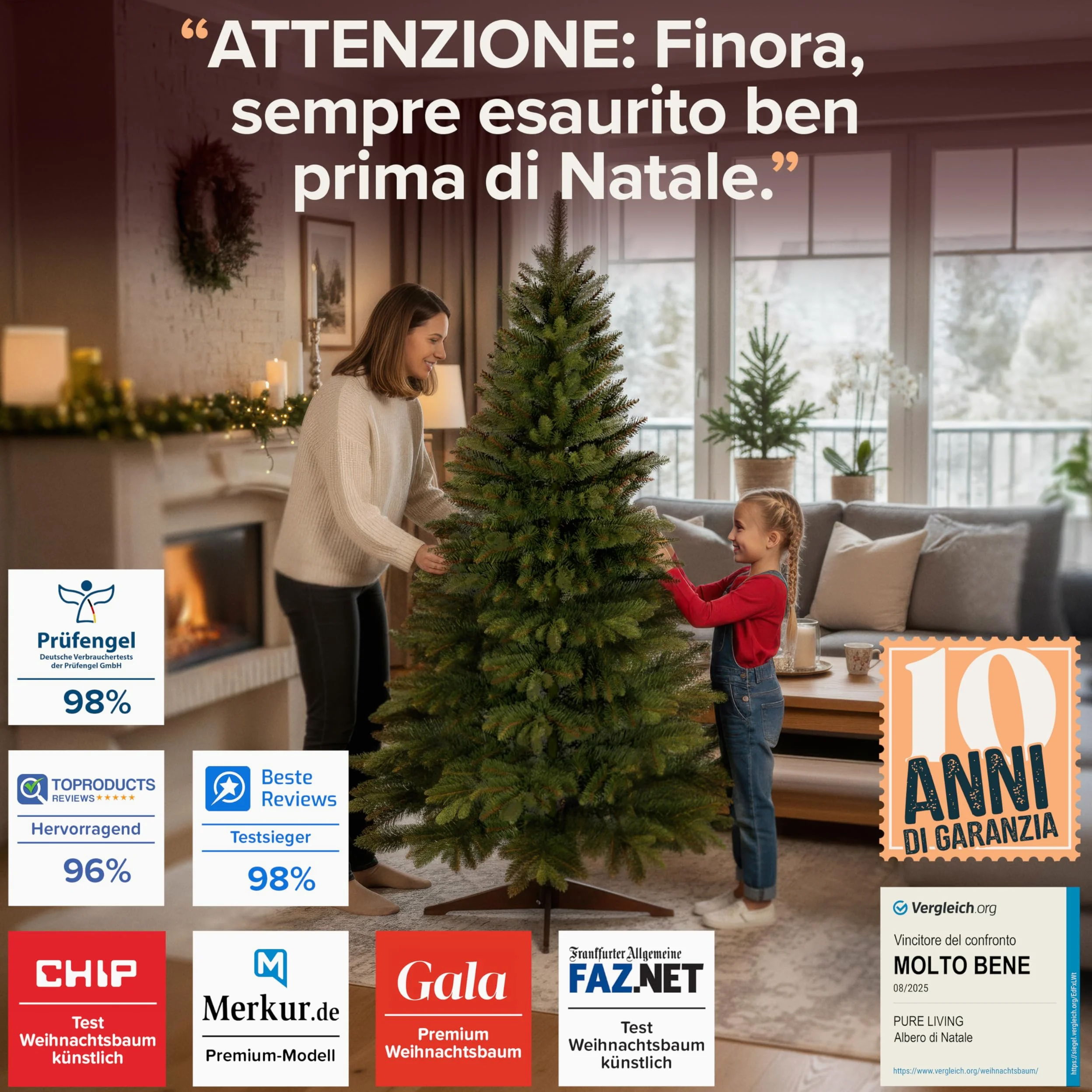 Albero di Natale Artificiale Premium 180cm – Realistico, Rami Fitti, con Base in Legno e Borsa per Riporre – Albero di Natale di Pure Living