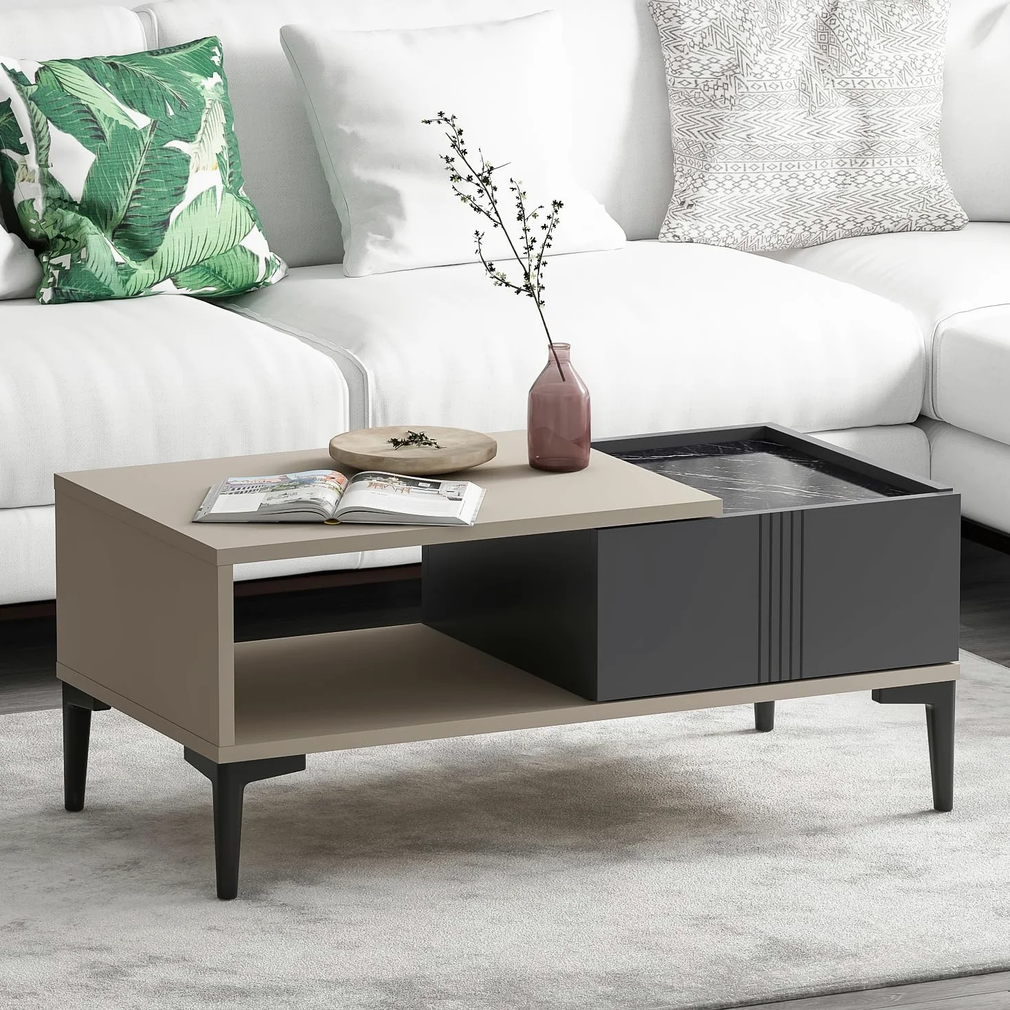 Homidea Modena - Tavolino da salotto con vano portaoggetti da 90 cm, moderno design scandinavo con spazio di archiviazione, tavolino rettangolare per salotto (beige