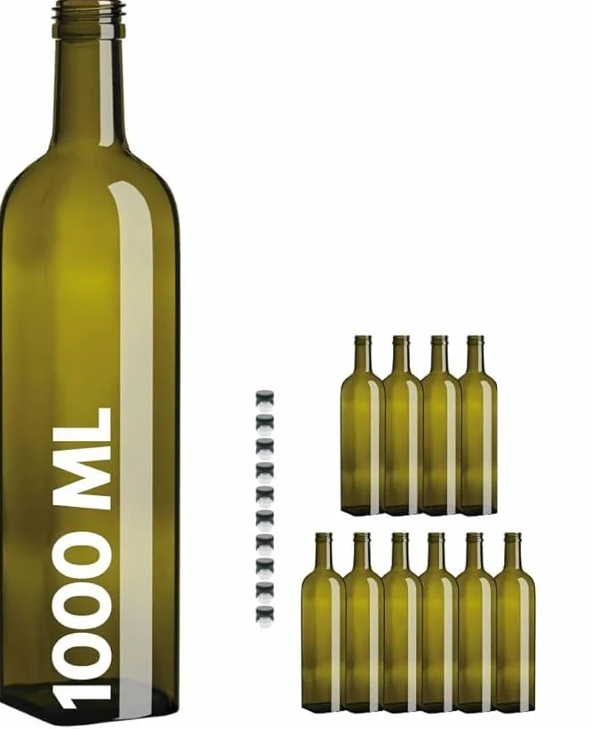 Bottiglia per Olio Verde in Vetro, 1000 ml, Set di 10 Bottiglie con 10 Tappi, Riutilizzabile