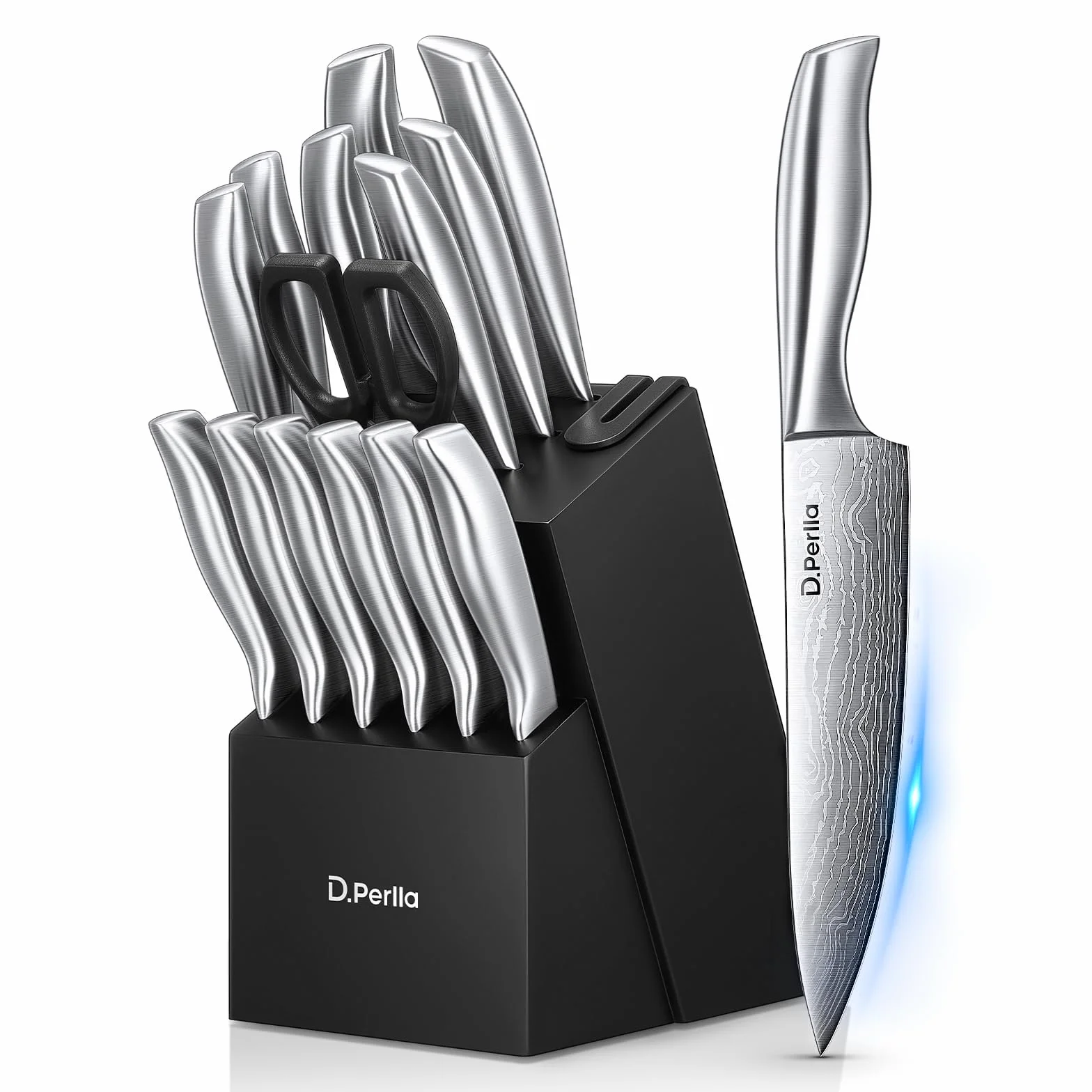 D.Perlla Set Ceppo Coltelli, set coltelli da cucina con ceppo da 15 Pezzi, Set Coltelli da Cucina in Acciaio Inox Ultra Affilati con Ceppo in Legno e Lame in Damasco Laser, Temperino Incorporato