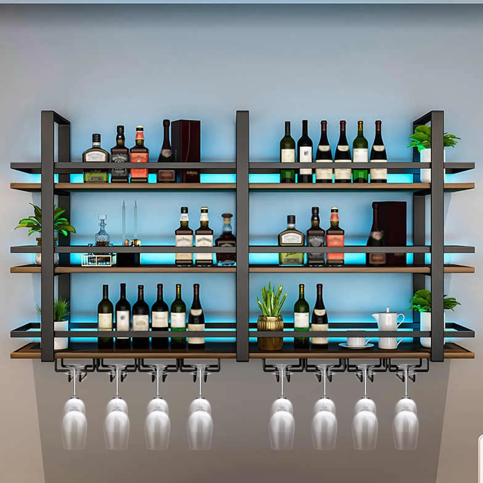 Portabottiglie da Parete con Luce a LED, Mensola Espositivi in Metallo per Bottiglie di Liquori, Espositore di Vino di Grandi Dimensioni, con Portabicchieri per Casa, Cucina, Bar, Sala (nero, 160cm)