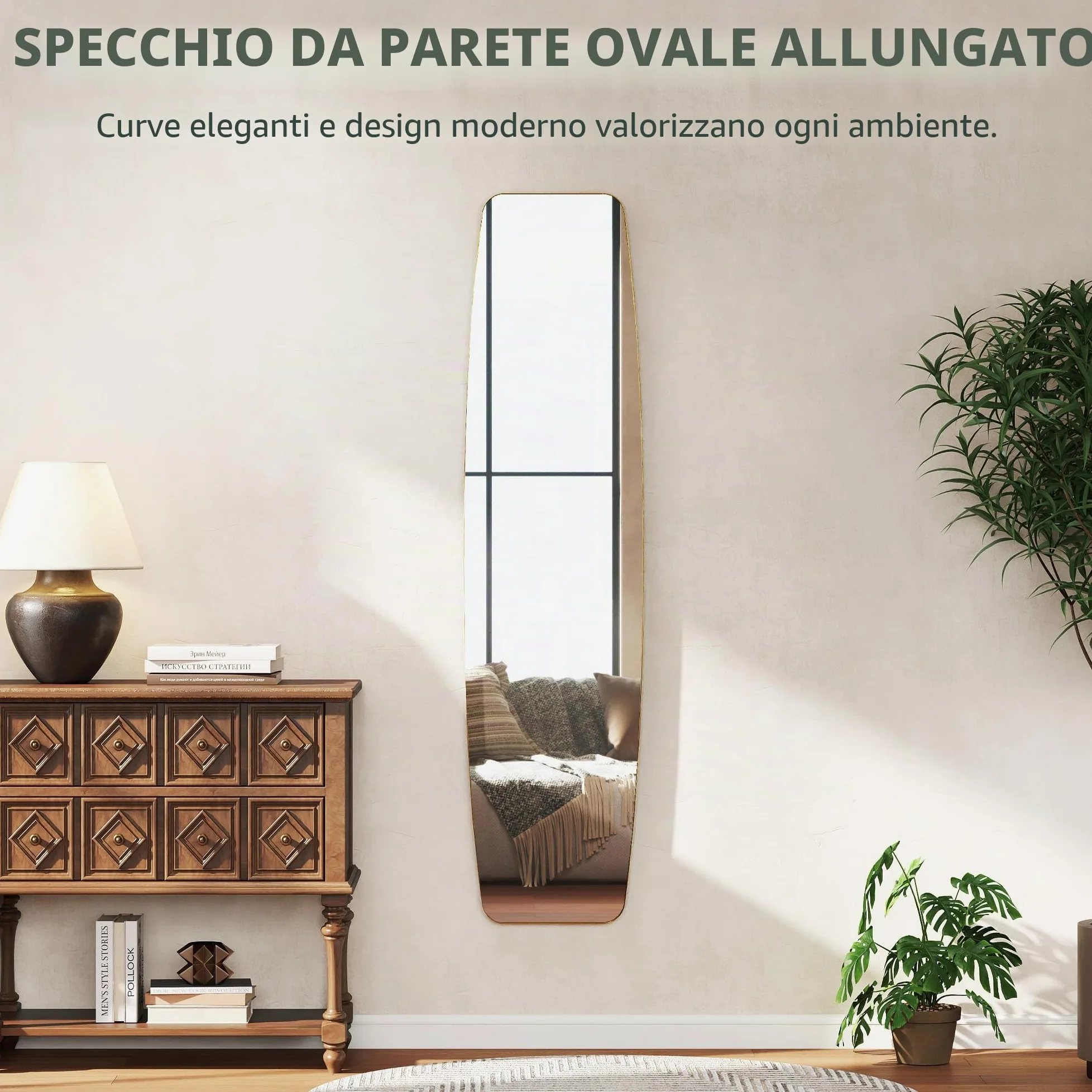 HOMCOM Specchio da parete, 160 x 40 cm, con angoli arrotondati, finestra con cornice in metallo, decorazione per corridoio, camera da letto, soggiorno, oro
