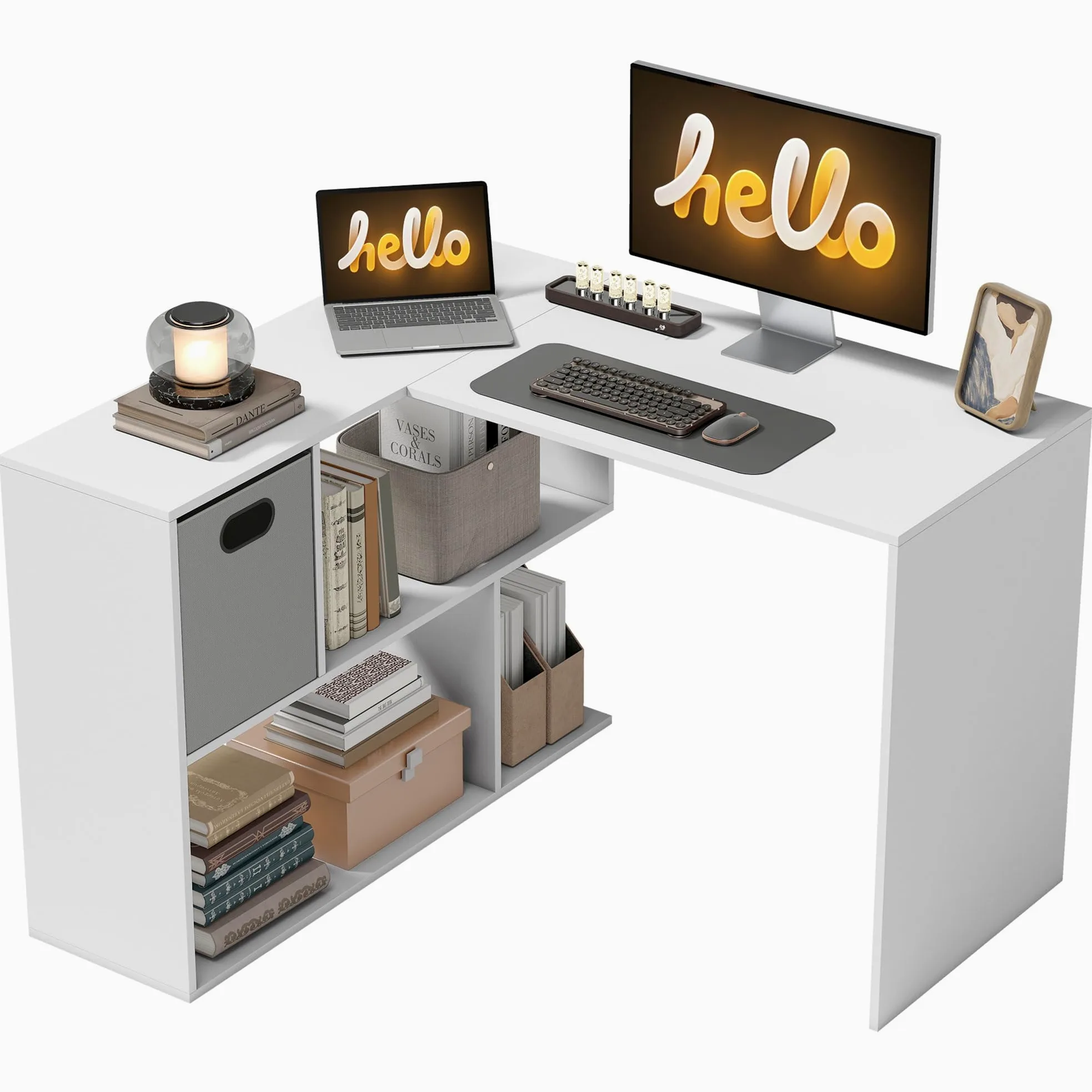 HOMCOM Scrivania Angolare per Computer 110x100 cm con Scaffale Bianco | Scrivania a L, Cassetto in Tessuto, Tavolo per PC, per Ufficio Studio e Camera da Letto, ad Angolo