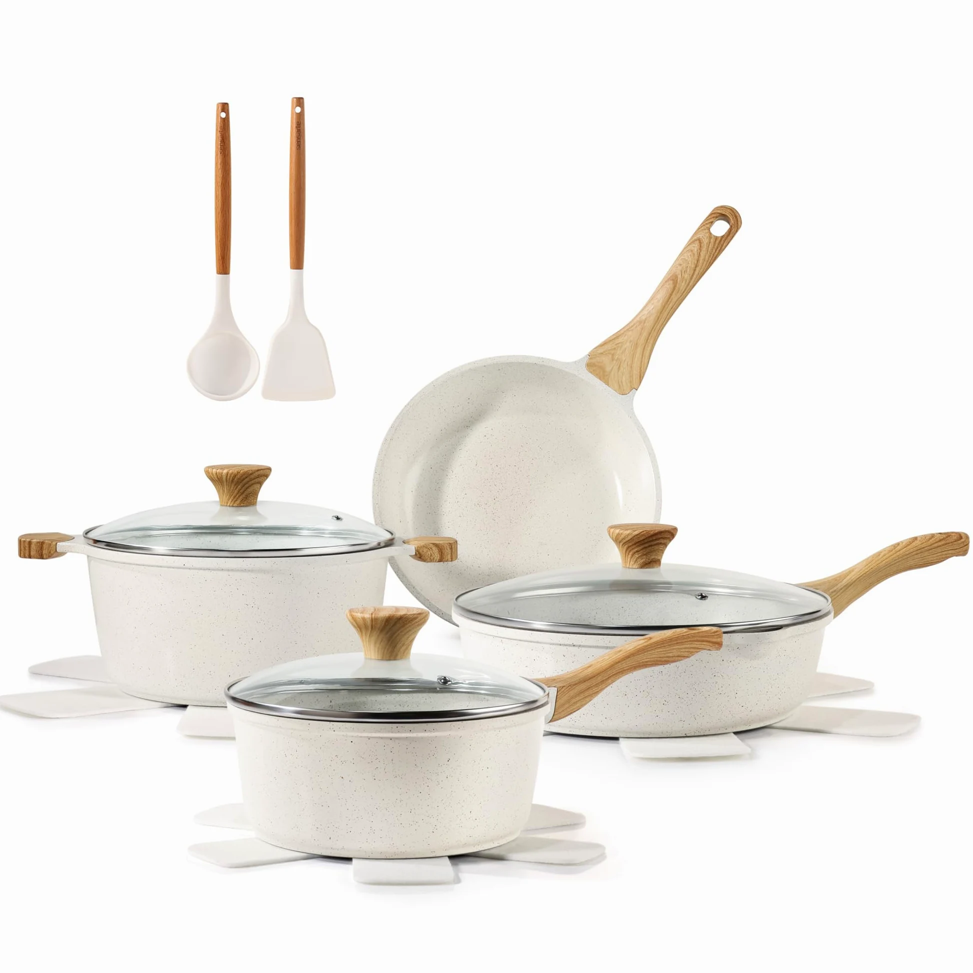 SENSARTE Set di pentole in ceramica antiaderente, set da 13 pezzi di pentole e padelle atossiche, set da cucina salutare con manici che rimangono freschi, strumenti in silicone e protezioni per
