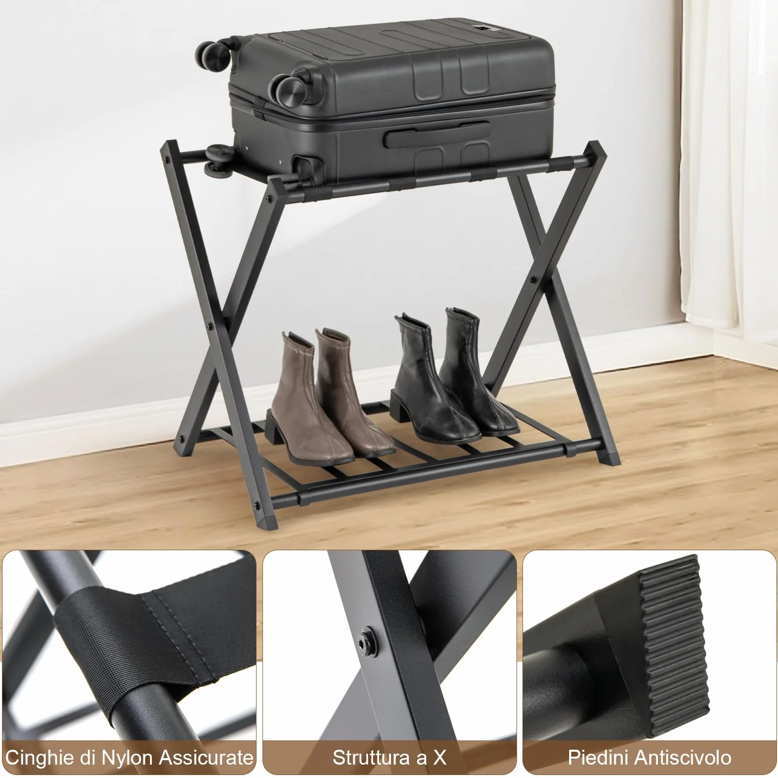 COSTWAY Portavaligie Pieghevole 2 Ripiani, Cavalletto da Valigie w Metal, 68 x 43 x 56 cm, Nero