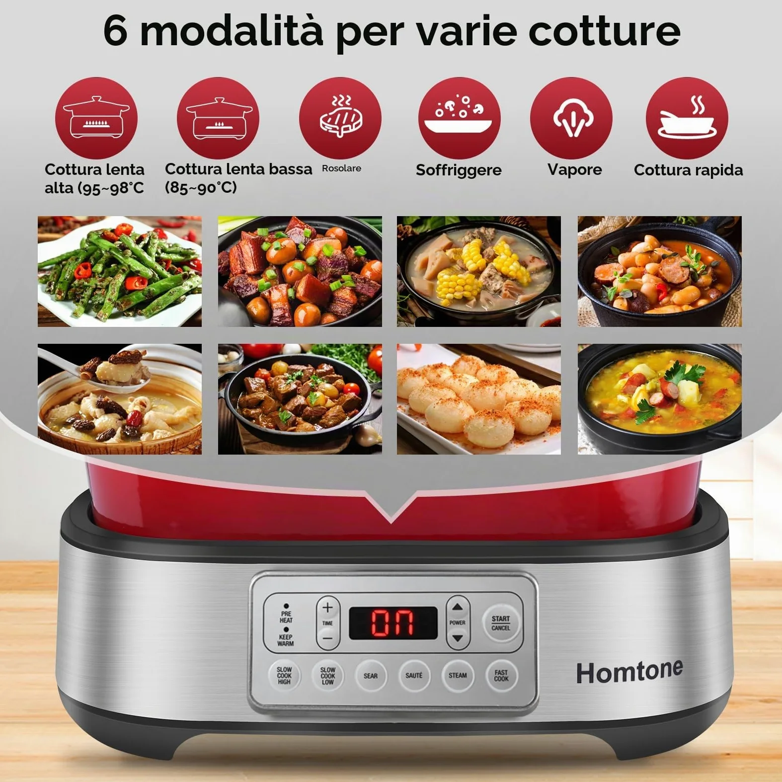 Homtone Casseruola 6 in 1 Slow Cooker, 5,5 l, programmabile, smaltata rimovibile, rivestimento in ceramica, cottura lenta, rosola, cottura a vapore con griglia a vapore, rosso