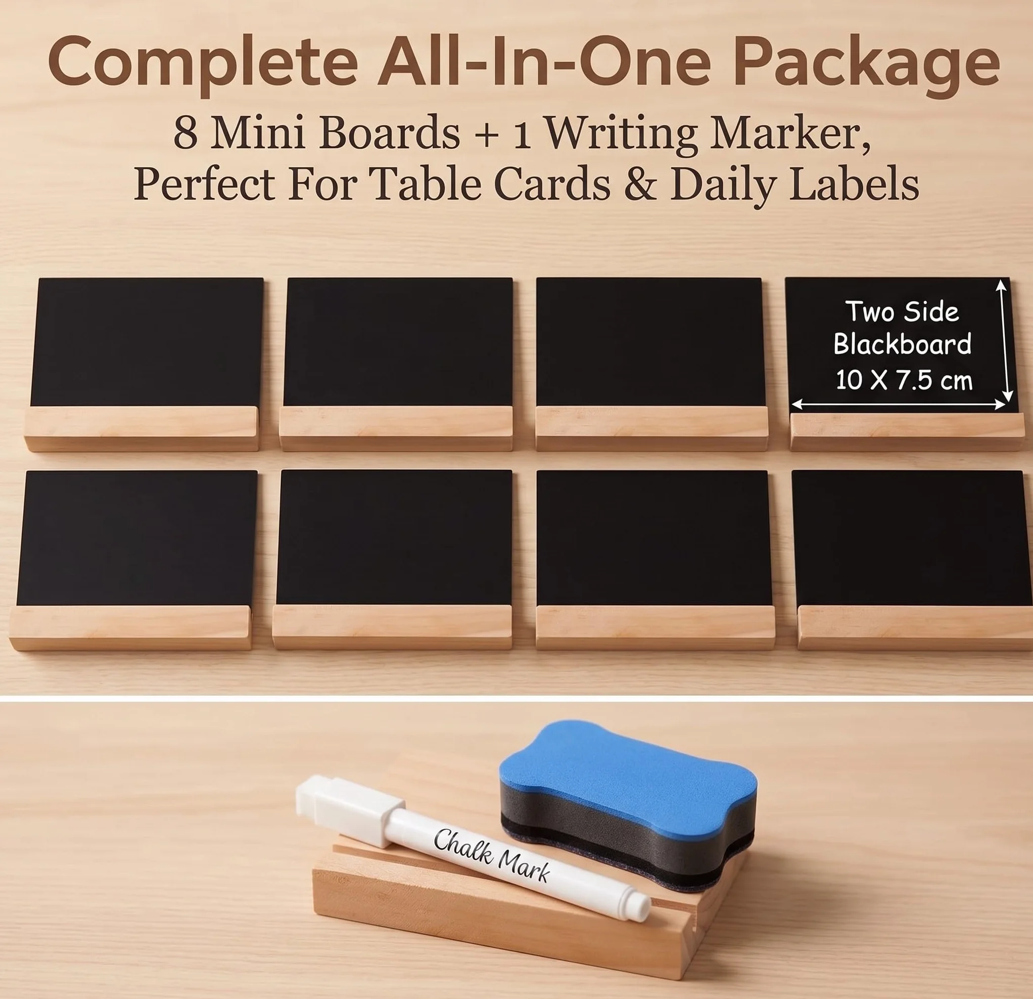 Set Lavagnette Mini 10 pz. con Supporto, in Legno (Targhette Segnaposto Scrivibili per Buffet, Prezzi e Menù, Lavagnette di Legno con Cavalletto, Perfette per Ristoranti e Negozi)