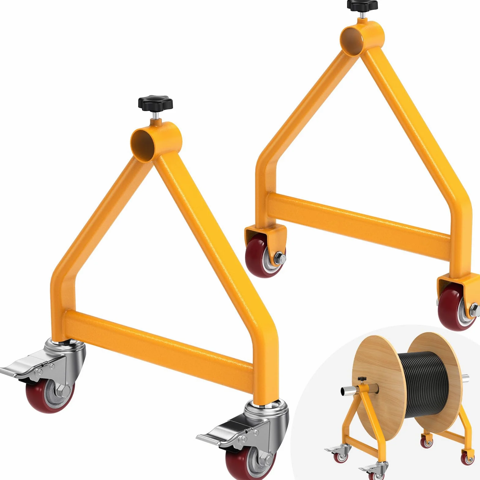Porta bobine di filo, contenitore portatile per cavi, ruote girevoli con freno, dispenser in acciaio completamente saldato per bobine di diametro fino a 71,1 cm, capacità 99,8 kg, giallo