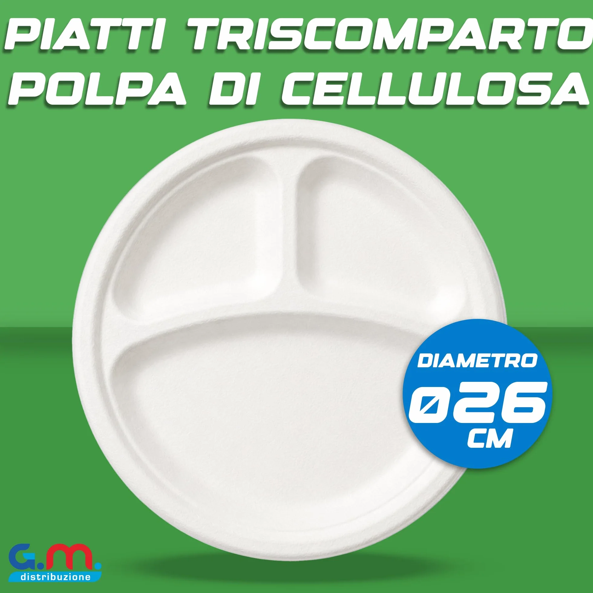 Piatti Tondi Triscomparto 26 cm Bianchi in Polpa di Cellulosa Compostabili Biodegradabili