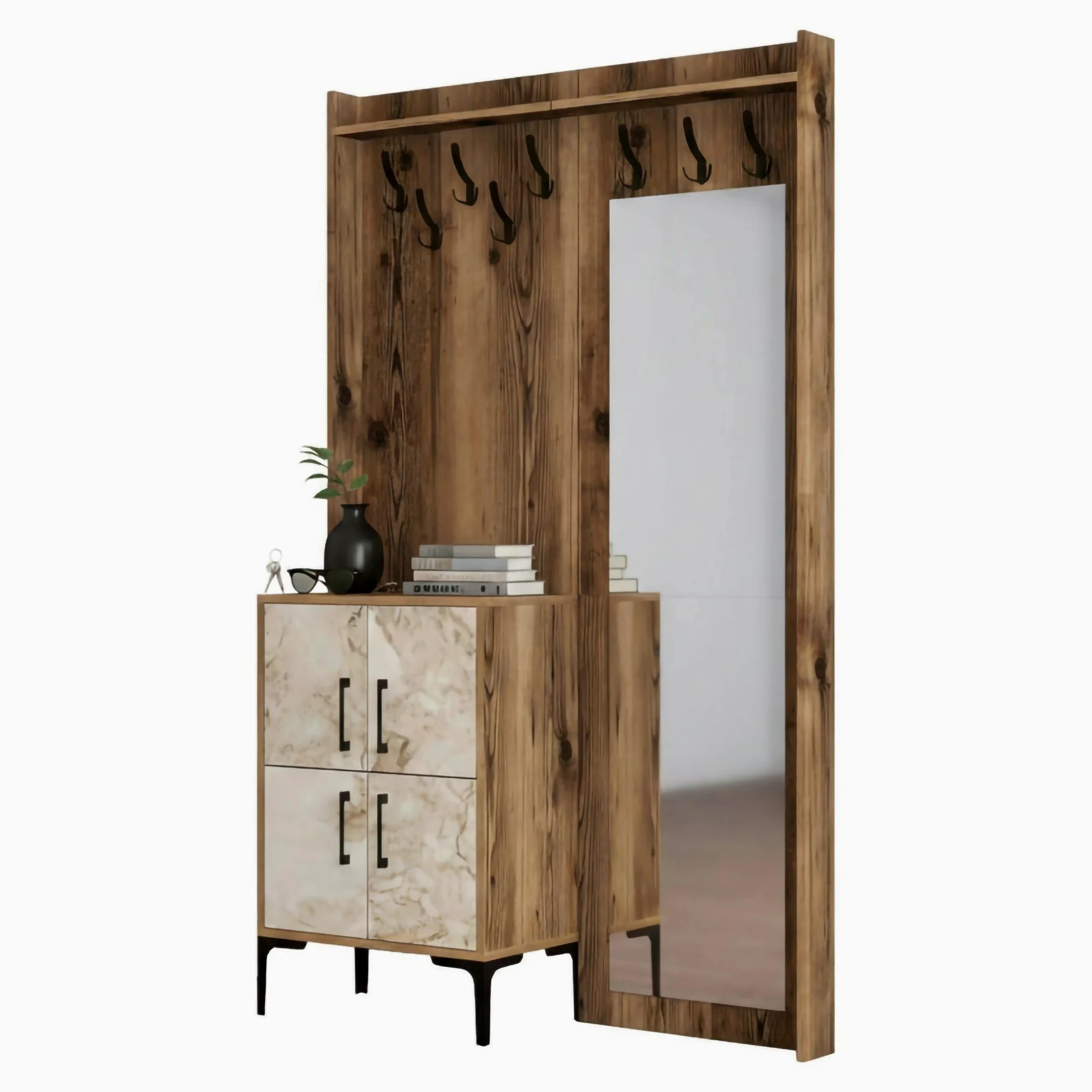 Dmora - Mobile da ingresso Pollux, Entratina appendiabiti, Composizione per atrio, Consolle portaoggetti multifunzione, 120x35h200 cm, Noce e Bianco