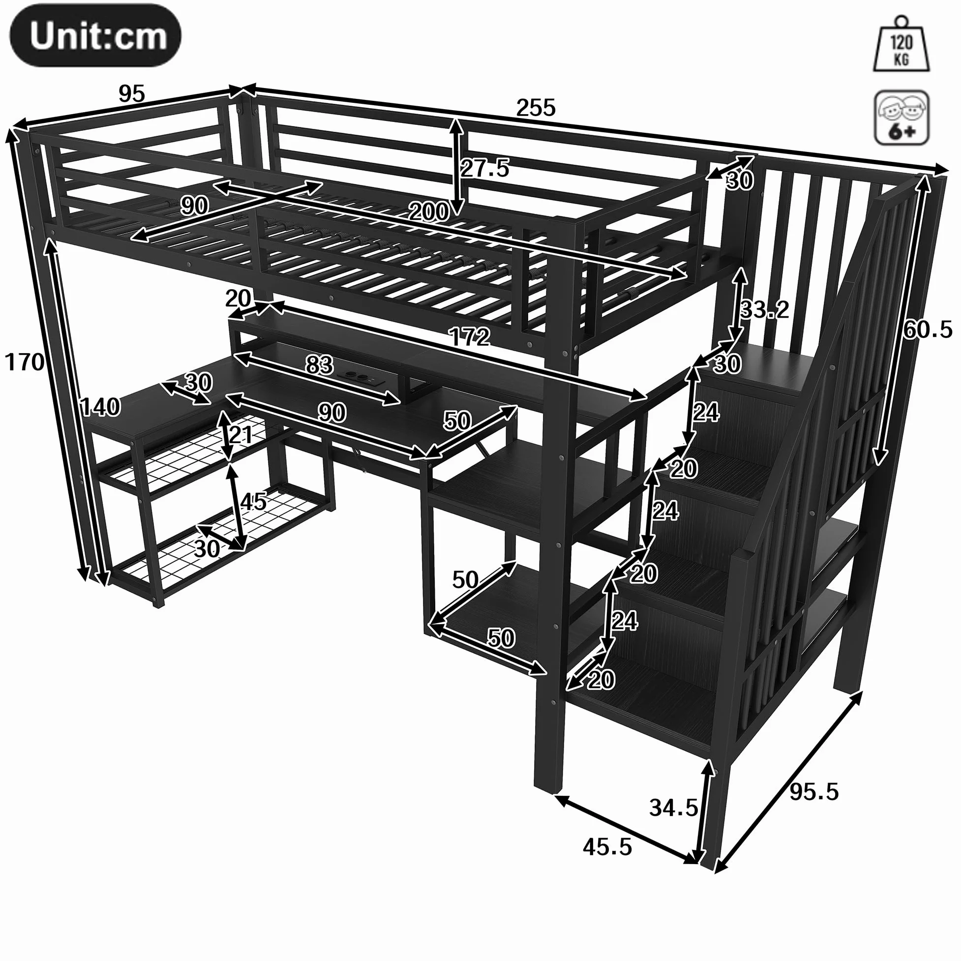 Lubvtti Letto a soppalco in ferro 90 x 200 con luminosa a LED,scrivania,porta USB,vano contenitore,scala con spazio contenitore,letto a castello per bambini,struttura letto per bambini,Nero