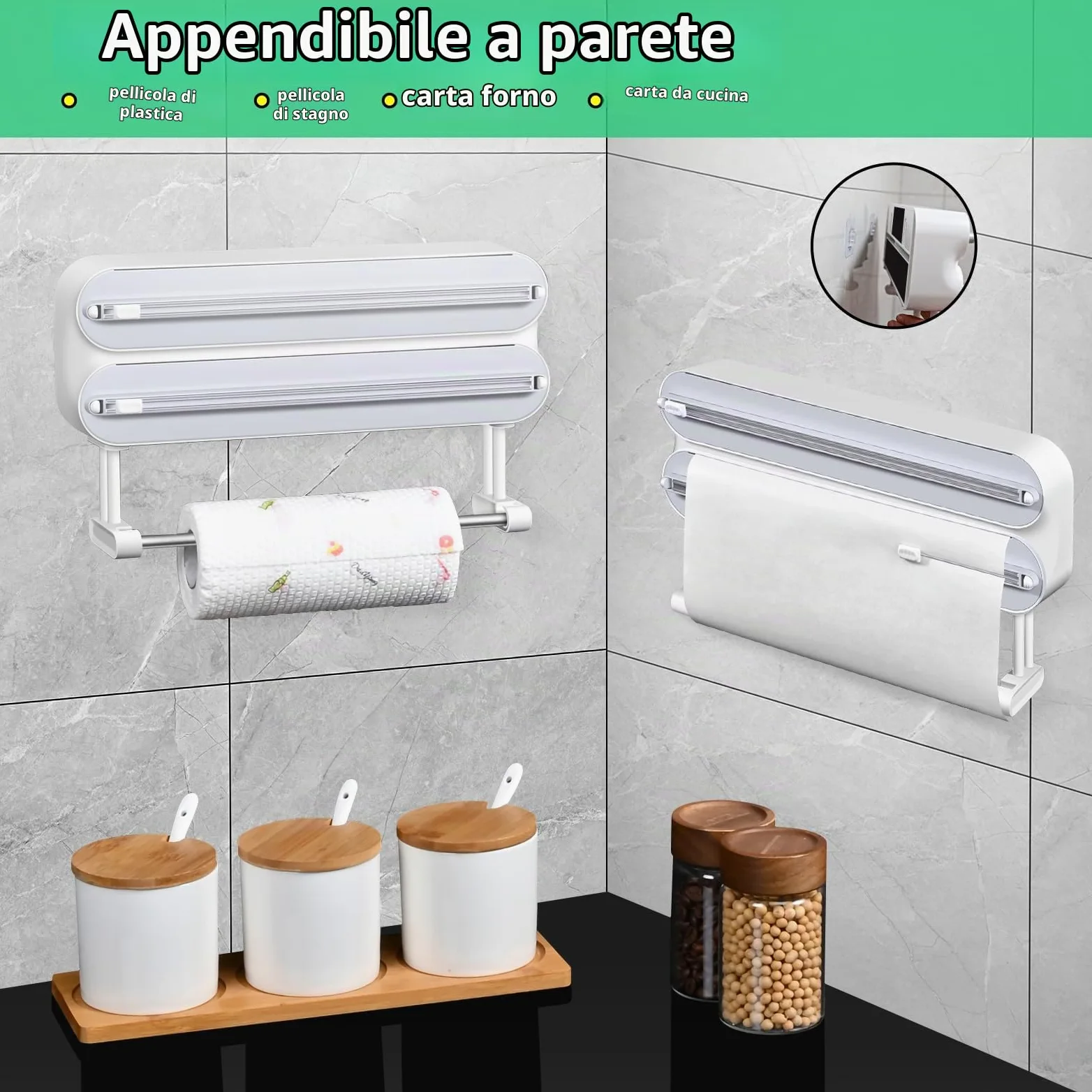 DBREAKS Supporto per rotoli di carta da cucina da Parete (3 rotoli), Porta Rotoli Alluminio e Pellicola, Taglierina per Pellicola Trasparente, Dispenser Carta Stagnola in Alluminio，con film Alimentare