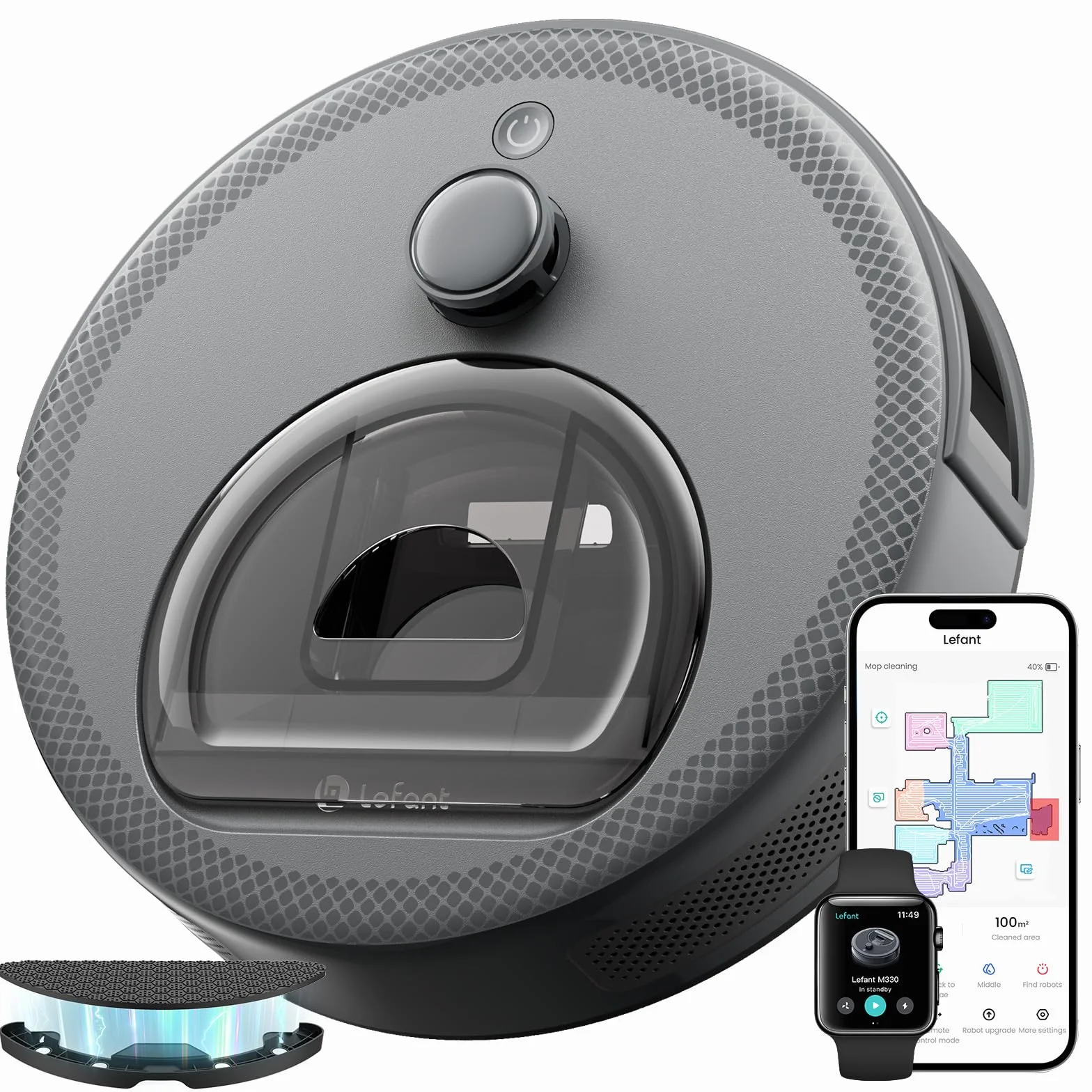 Lefant M330 Robot Aspirapolvere Lavapavimenti con Mappatura, 5000Pa, Navigazione Laser dTOF, Evitamento Ostacoli PSD, 150min Autonomia, WiFi 2.4G/5G, Alexa, per Peli Animali e Pavimenti Misti, Grigio