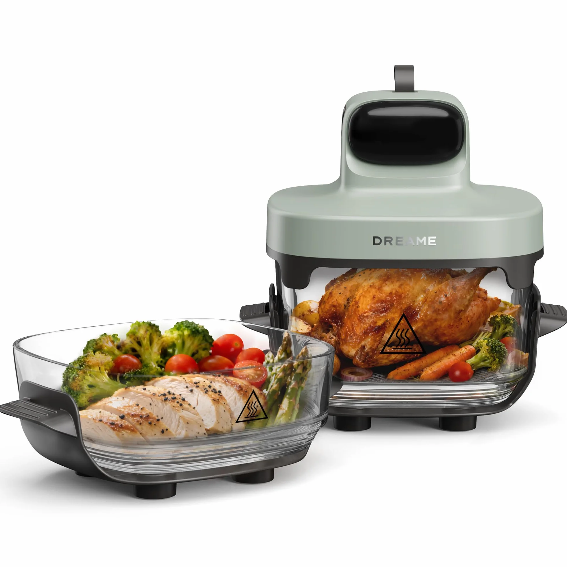 DREAME Tasti 5 in 1 Friggitrice ad aria in vetro portatile, Doppio contenitore (2,5 L + 4,5 L), Vetro borosilicato 6 mm, Circolaz. aria 3D, Lavabile in lavastoviglie, Panoramica 360°, Design modulare