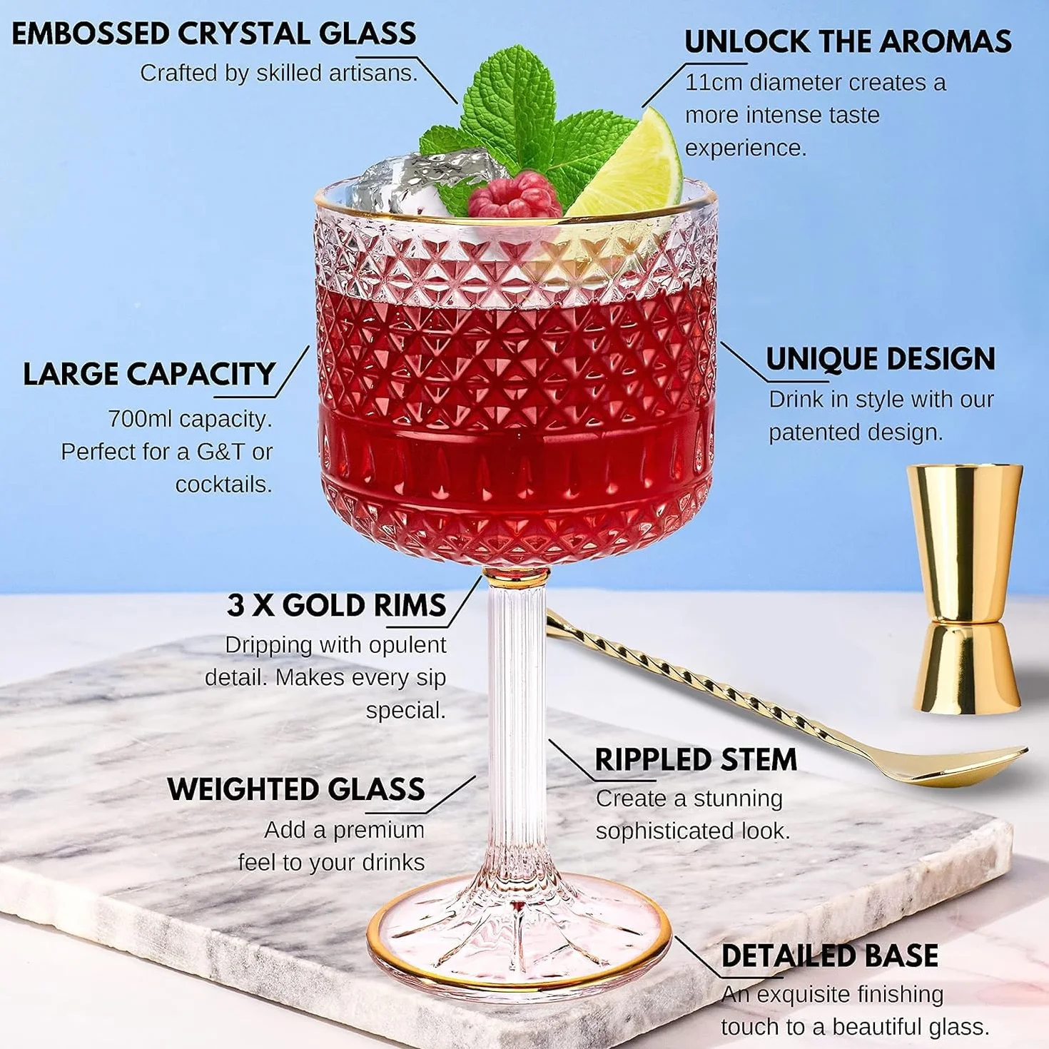Set Bicchieri Gin Tonic di Lusso 450ml con Decorazioni Dorate, 3 Bordi Oro, Cucchiaio Bar e Misurino Kit Regalo