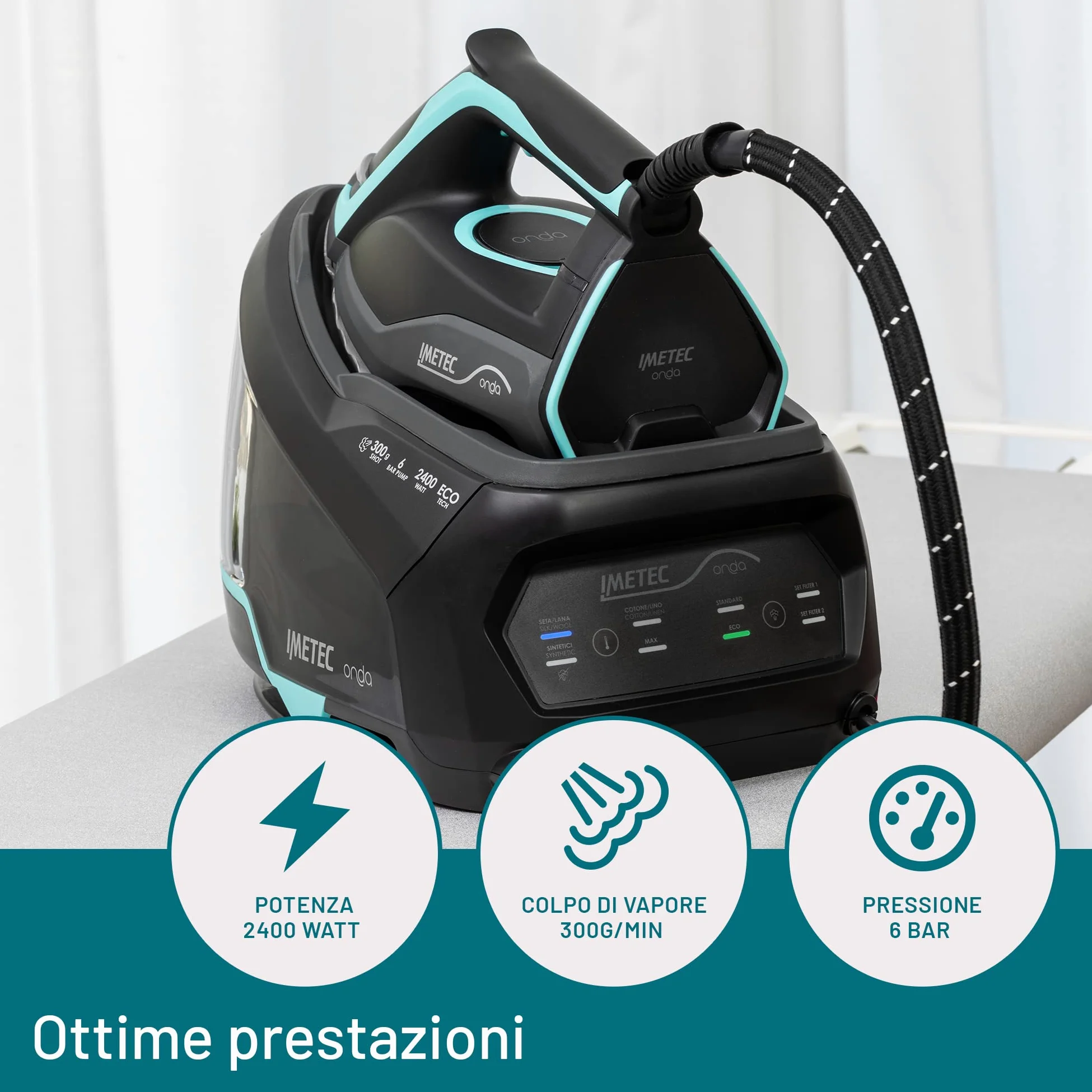 Imetec Onda P1 Ferro da Stiro Generatore di Vapore, Piastra a Onde Scorrevole Brevettata, 2400W, Colpo Vapore 300 g, Serbatoio 2,5L, 3 Filtri con Ioni di Argento, Tecnologia No Stop Vapor