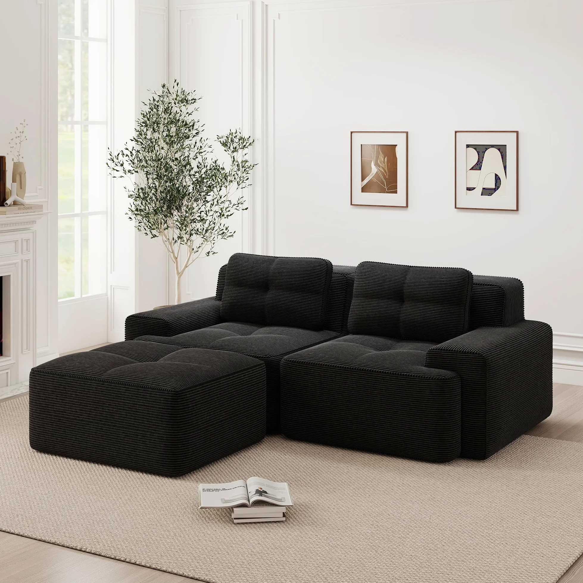 Divano modulare nero Boneless, moderno divano modulare a L per soggiorno, comodo divano in corduroy cloud con ottomano, divano letto a due posti trapuntato