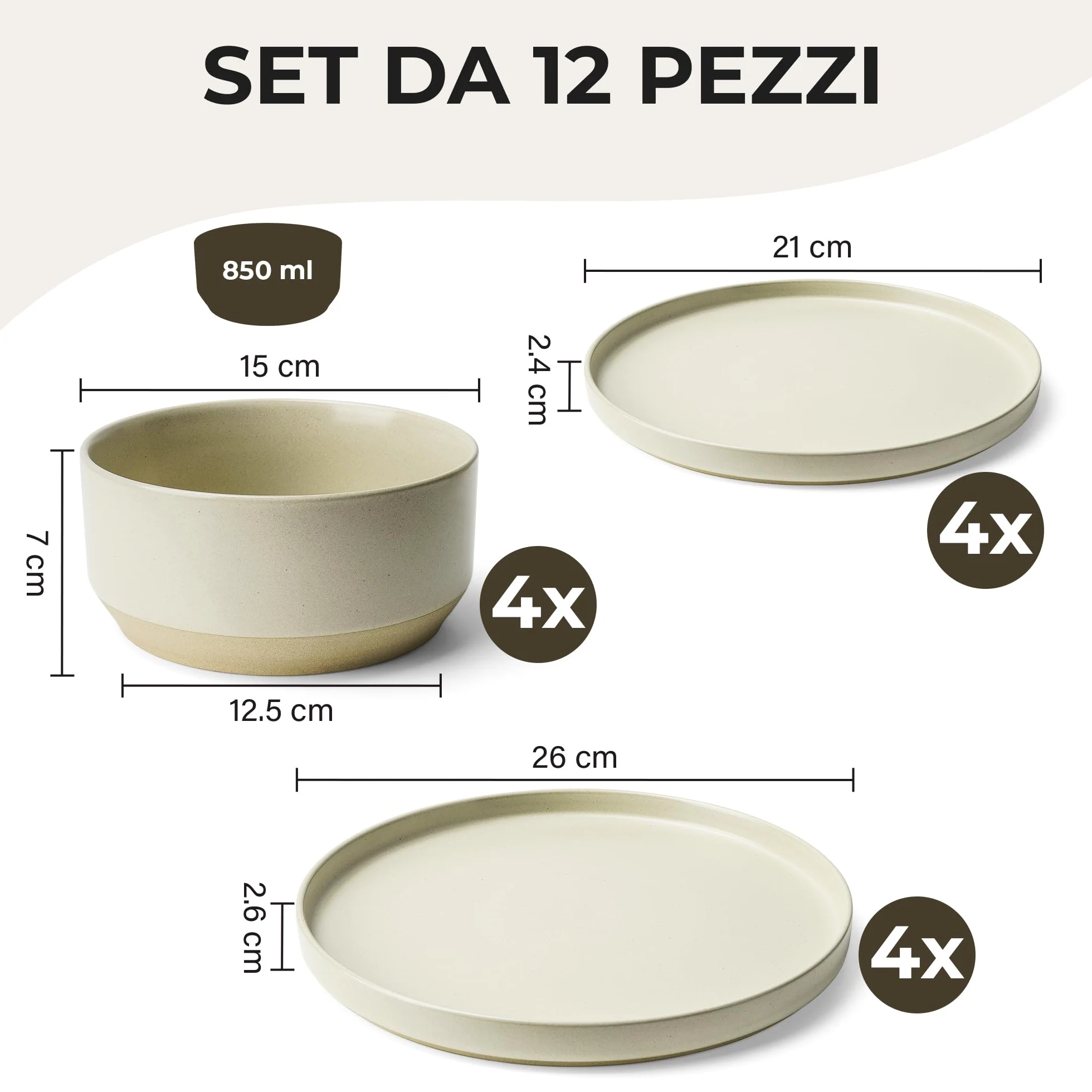 MIAMIO - Set di stoviglie per 4 persone/Set di stoviglie in pietra da 12 pezzi in beige/Lavastoviglie e microonde - Collezione Sierra (chiaro, (12x))