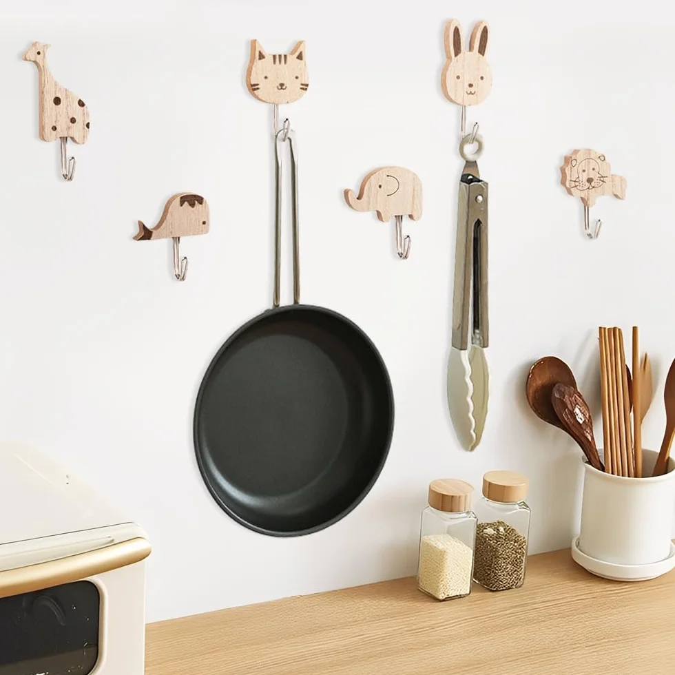 Ganci Appendiabiti da Parete Adesivi Legno Animali, Set 6 Pezzi per Bagno Cucina Camera Bambini