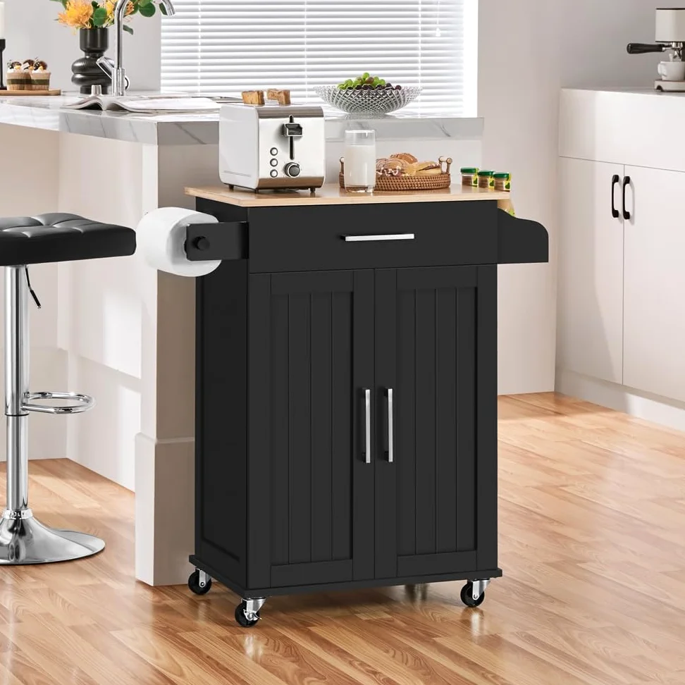 Yaheetech Carrello da Cucina con Ruote Cassetto a 2 Ante Piano di Lavoro Carrellino Salvaspazio con Portasciugamani e Portaspezie Moderno Porta Microonde 91,5 x 66 x 45,5 cm Nero