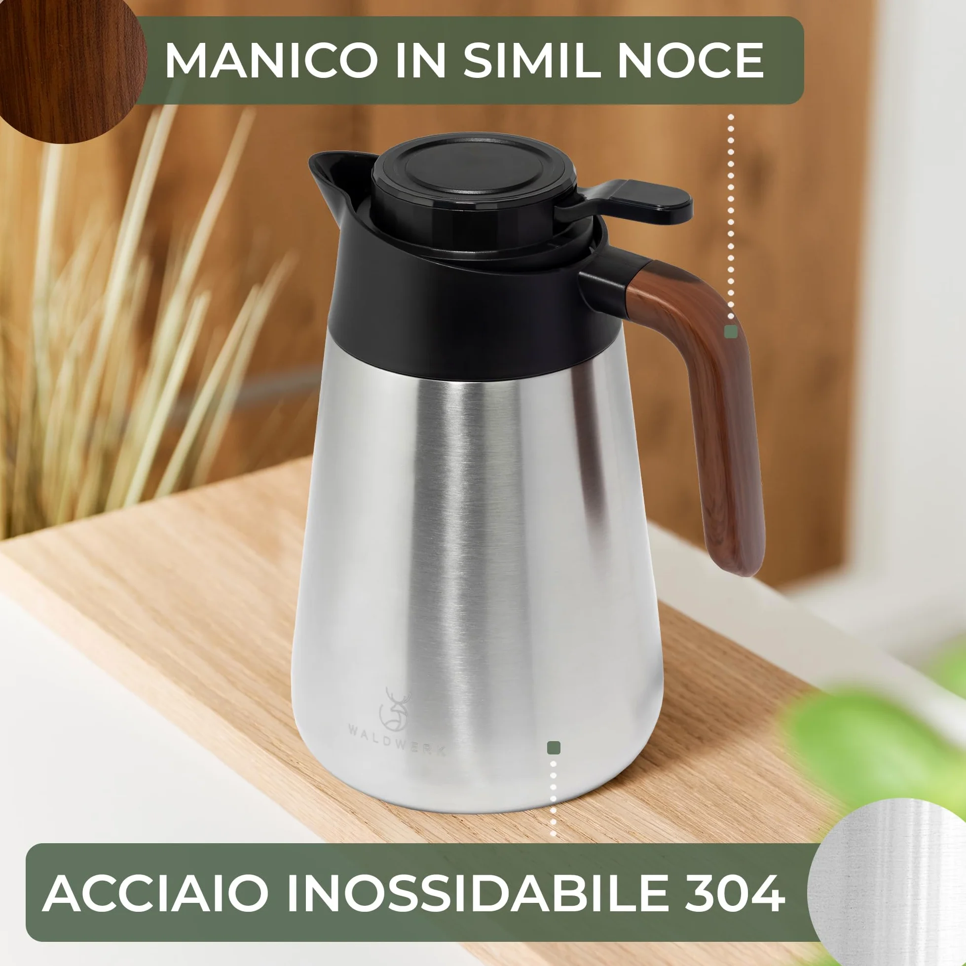 WALDWERK Caraffa Termica (1,5L) – Thermos Caffè in acciaio inox 304 a doppia parete – Brocca Isolante con beccuccio antigoccia – Bottiglia Termica per Caffè