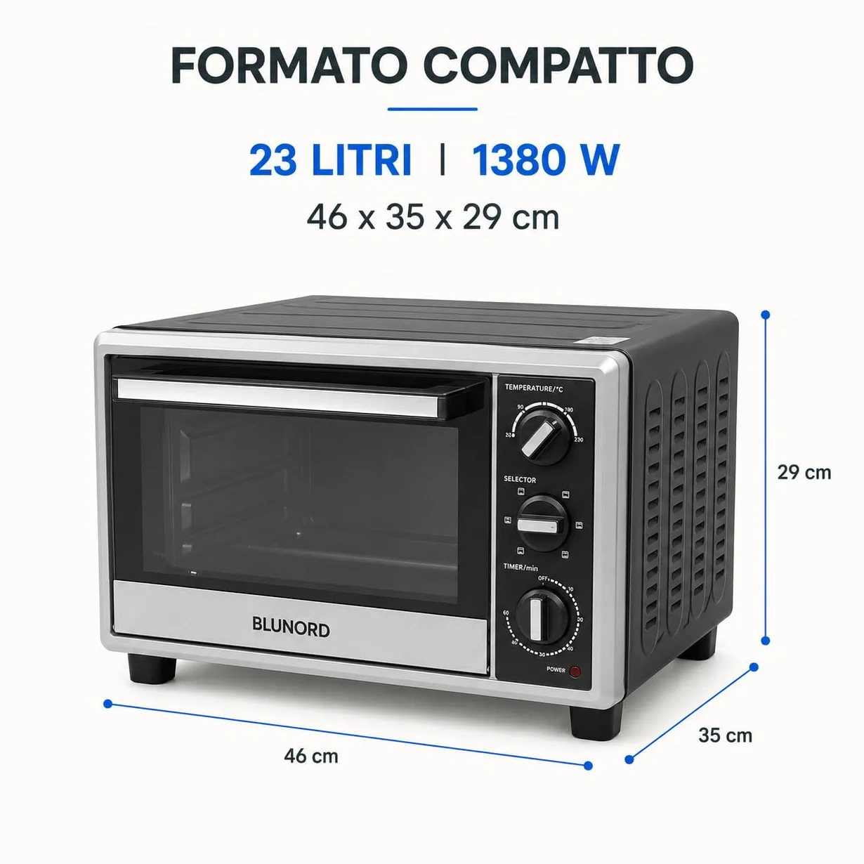 Blunord Bluf23prof Forno Elettrico Professionale 23L 1380W Ventilato Grill Timer Termostato Regolabile Easy Clean Nero Lucido