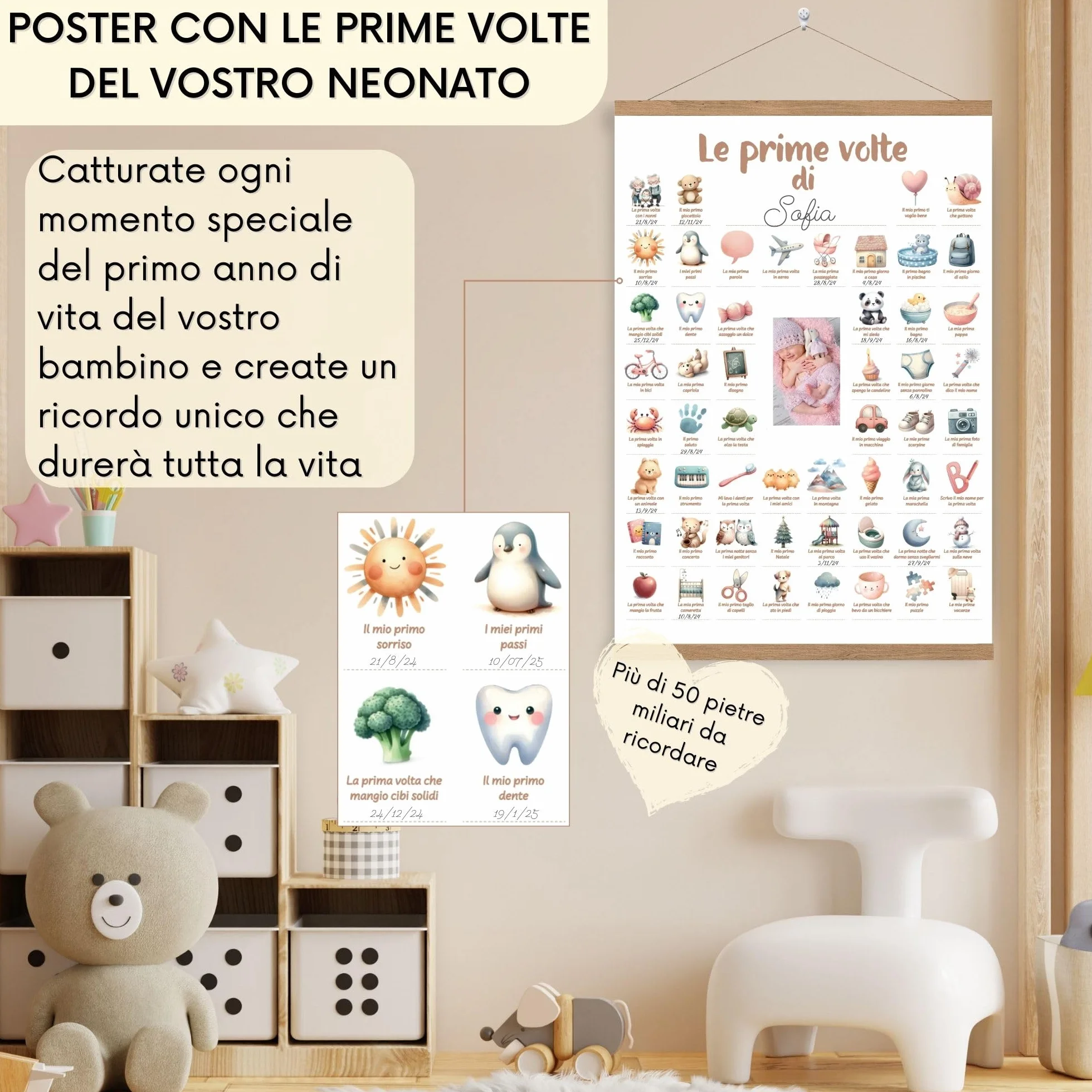 HuBorns - Poster Le Mie Prime Volte per Seguire le Tappe Fondamentali del Neonato, Regalo Neonato Maschio e Femmina, Decorazione Cameretta, Include Strisce di Legno per Appendere e Spazio per Foto