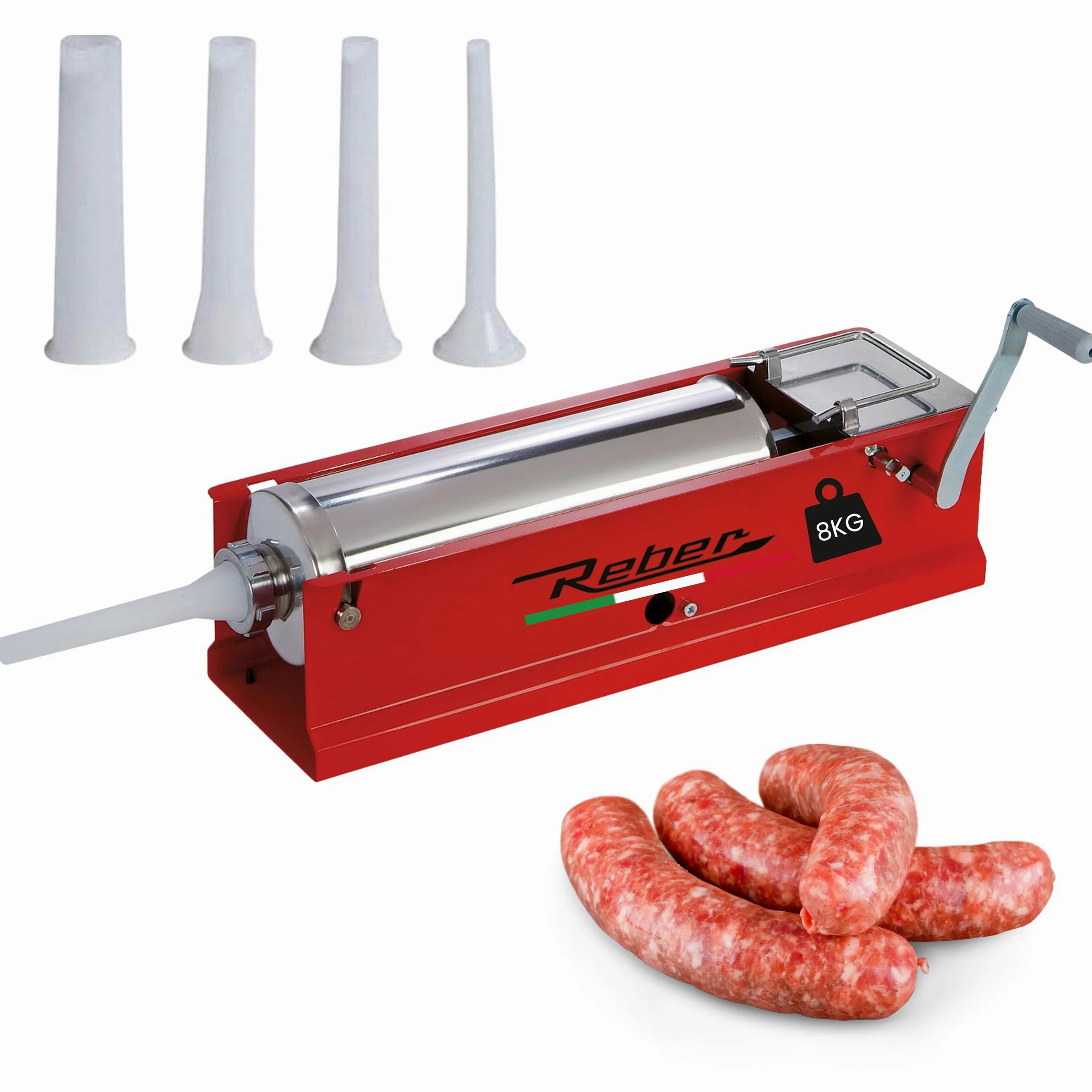 Reber Insaccatrice Manuale 6,8L/8KGS – Macchina per Salsicce Orizzontale con Sistema a 2 Velocità, per Uso Domestico e Professionale - Struttura Robusta in Acciaio INOX – 4 Imbuti Inclusi