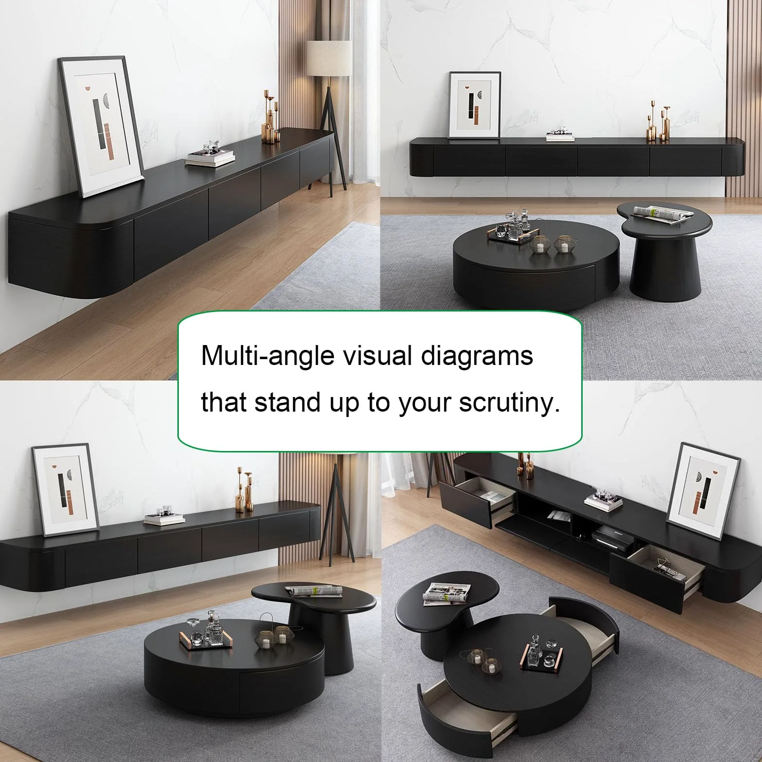 Supporto TV Sospeso in Legno Massello per Soggiorno Casa - Tavolino Supporto TV 140, 160, 180, 200, 220, 240 cm, Diverse Dimensioni (Nero, 220 x 20 x 24 cm)
