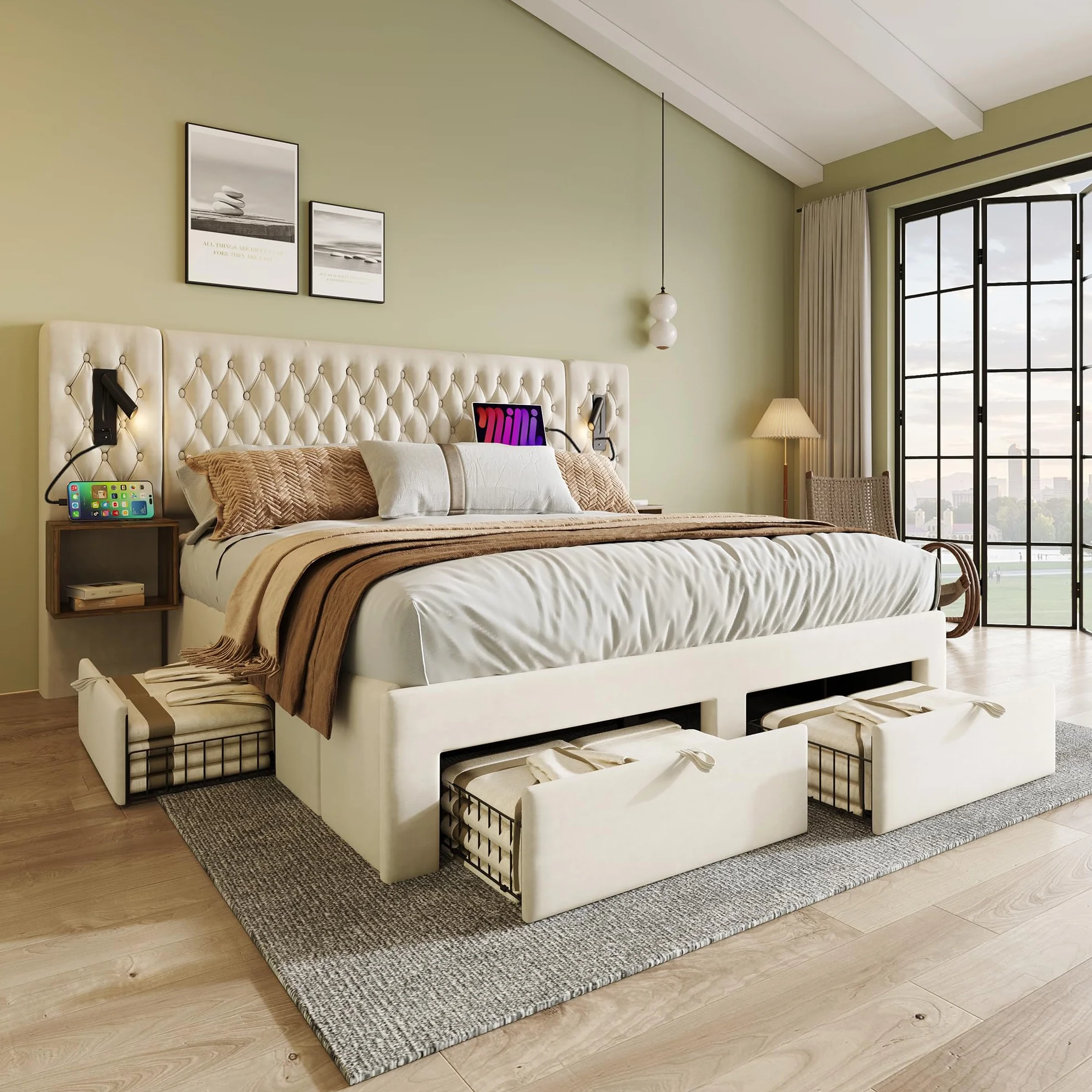 Idemon Set completo per camera da letto, letto matrimoniale, 160 x 200 cm, con 2 comodini e 4 cassetti, testiera con funzione di ricarica USB, 243 x 211 x 106 cm, velluto (senza materasso) (beige)
