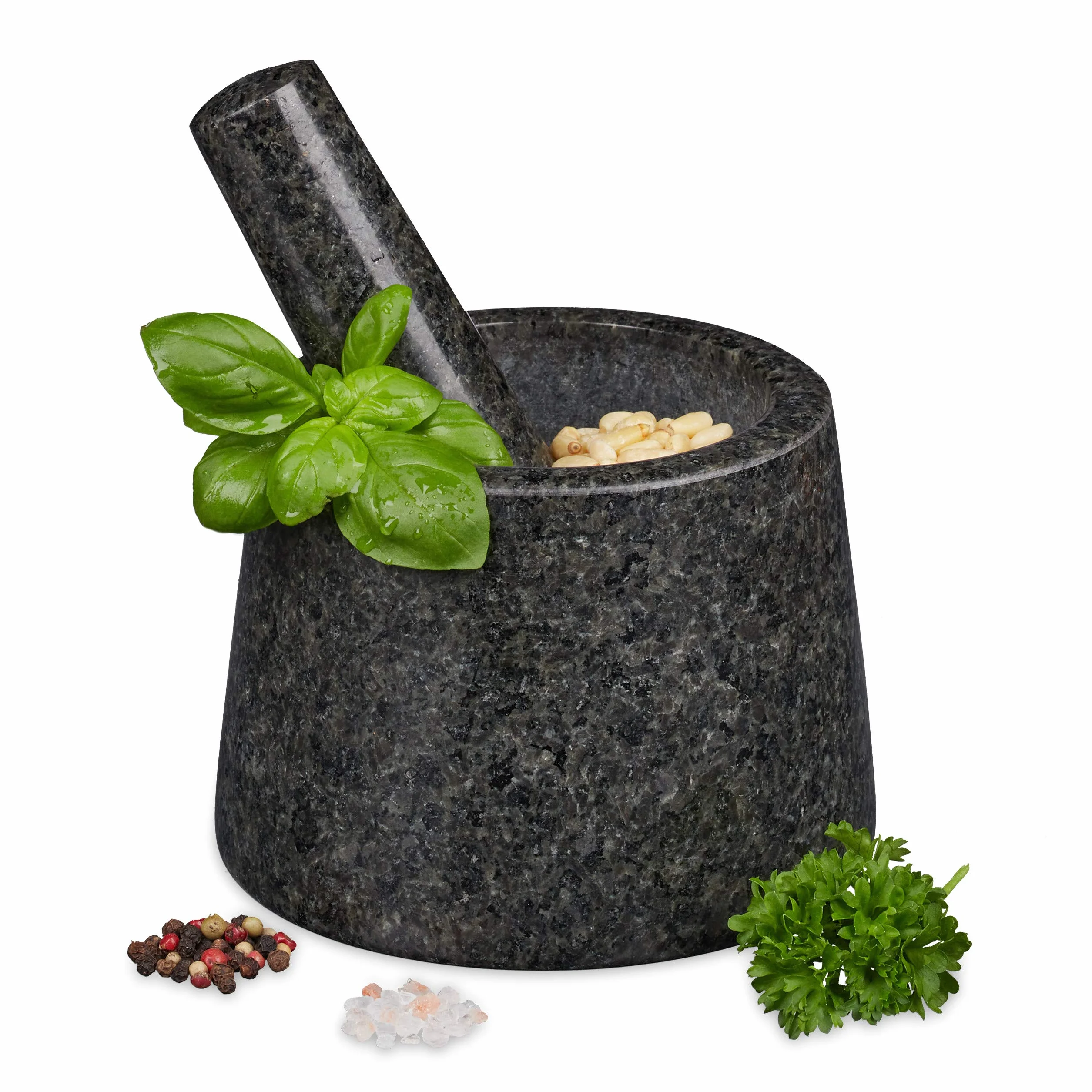 Relaxdays Mortaio e Pestello, in Granito, Robusto, Erbe Aromatiche e Spezie, in Pietra Lucida, D: 13,5 cm, Grigio Scuro