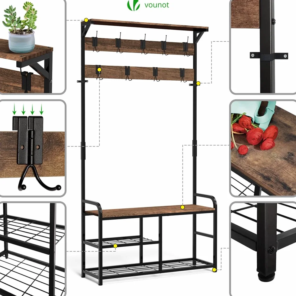 VOUNOT® Stand Appendiabiti da Terra con Panca Scarpiera a 3 Ripiani, Attaccapanni Autoportante Mobile Ingresso Corridoio 9 Ganci Rimovibili, Design Moderno Industriale 85x33x185cm