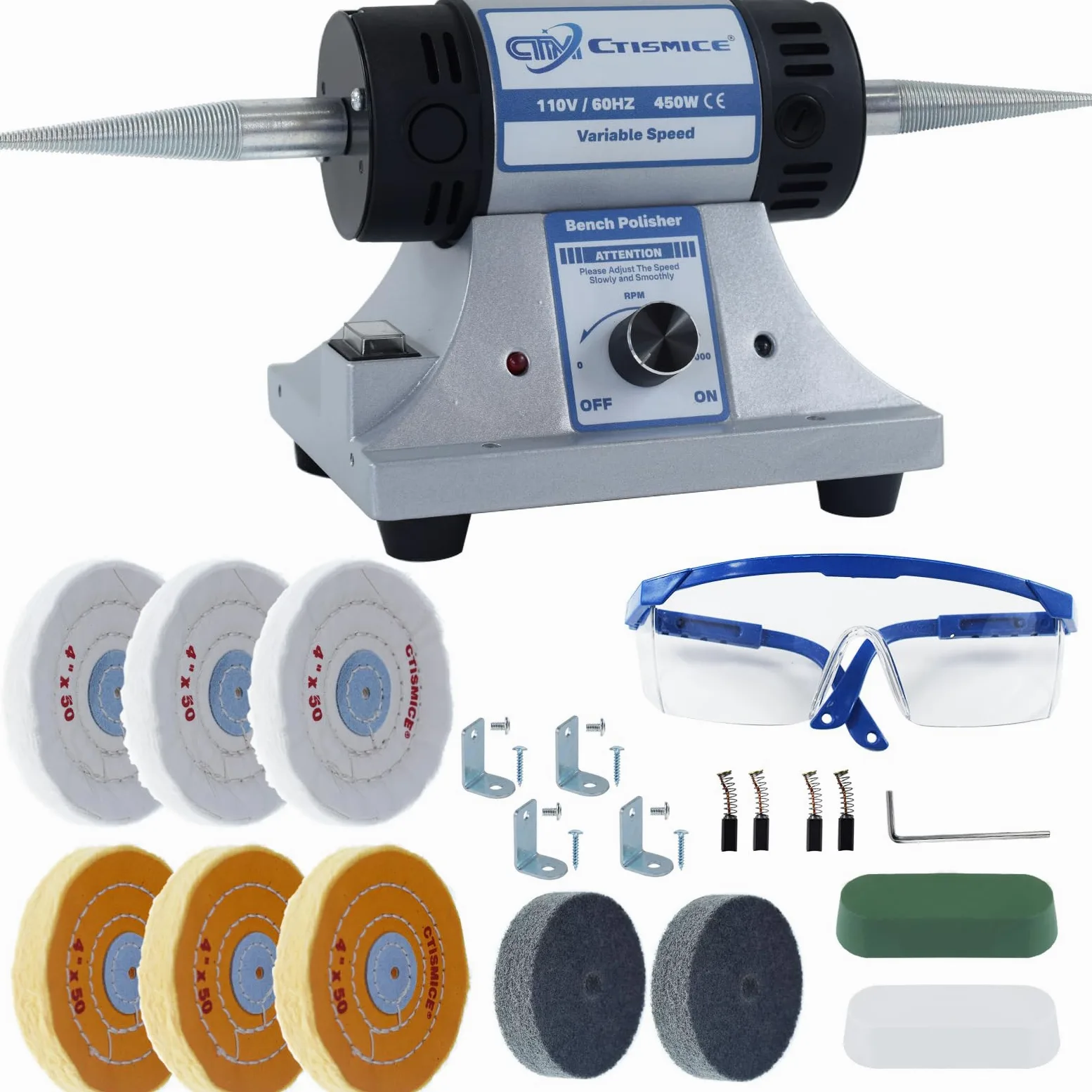 Lucidatrice da banco per gioielli, lucidatrice da tavolo a velocità variabile regolabile, smerigliatrice buffer da 450 W con 8 ruote lucidanti, 2 pezzi di composto lucidante, occhiali da